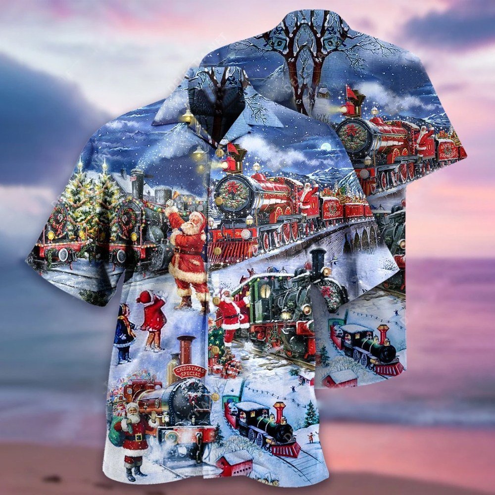 Christmas Train Shirts Men's Santa Claus Shirts Festival Short Sleeve Tops
