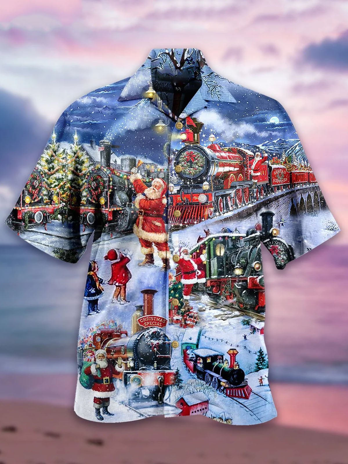 Christmas Train Shirts Men's Santa Claus Shirts Festival Short Sleeve Tops