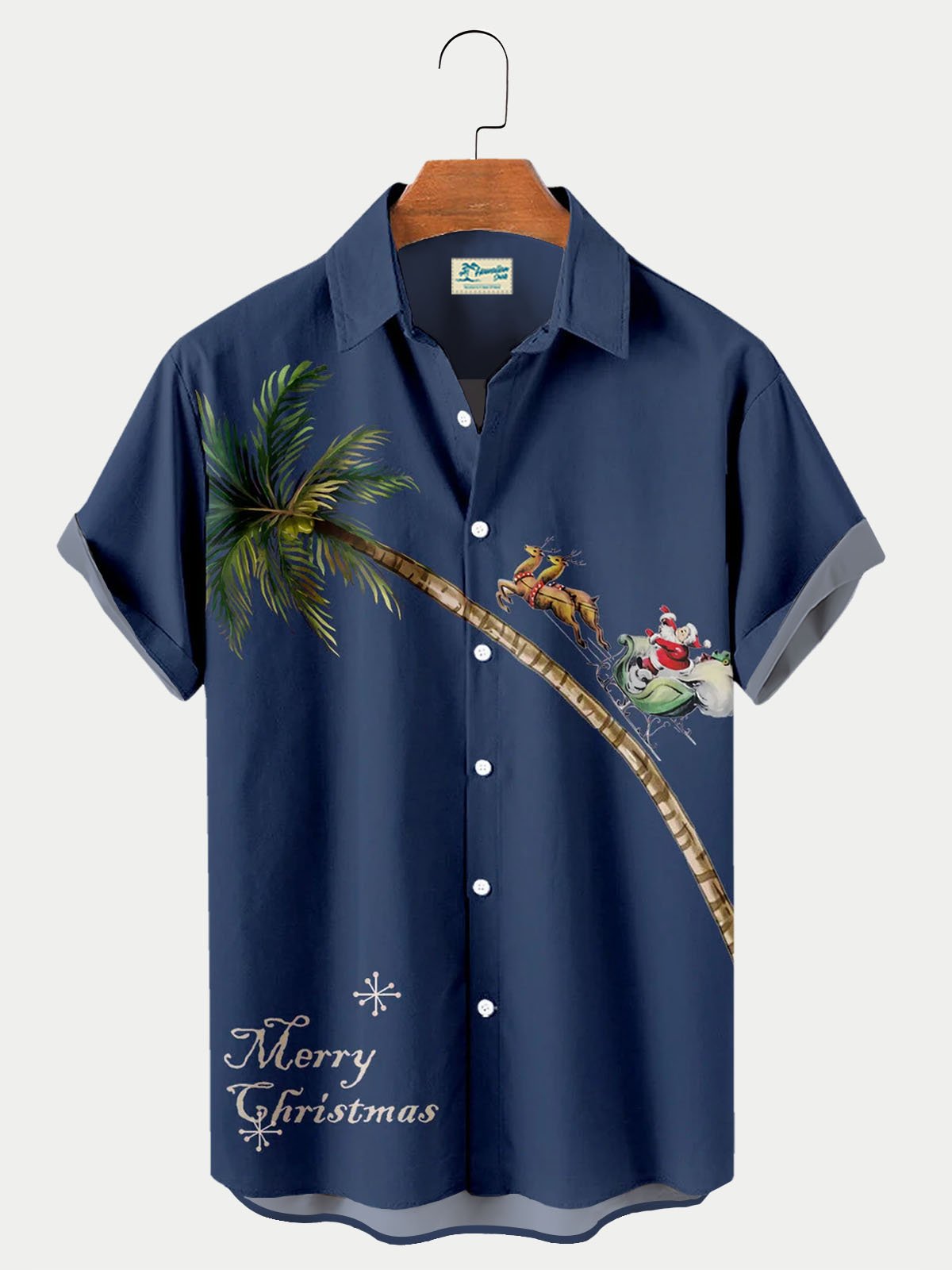 Men's Christmas Elk Coconut Tree Print Short Sleeve Hawaiian Shirt