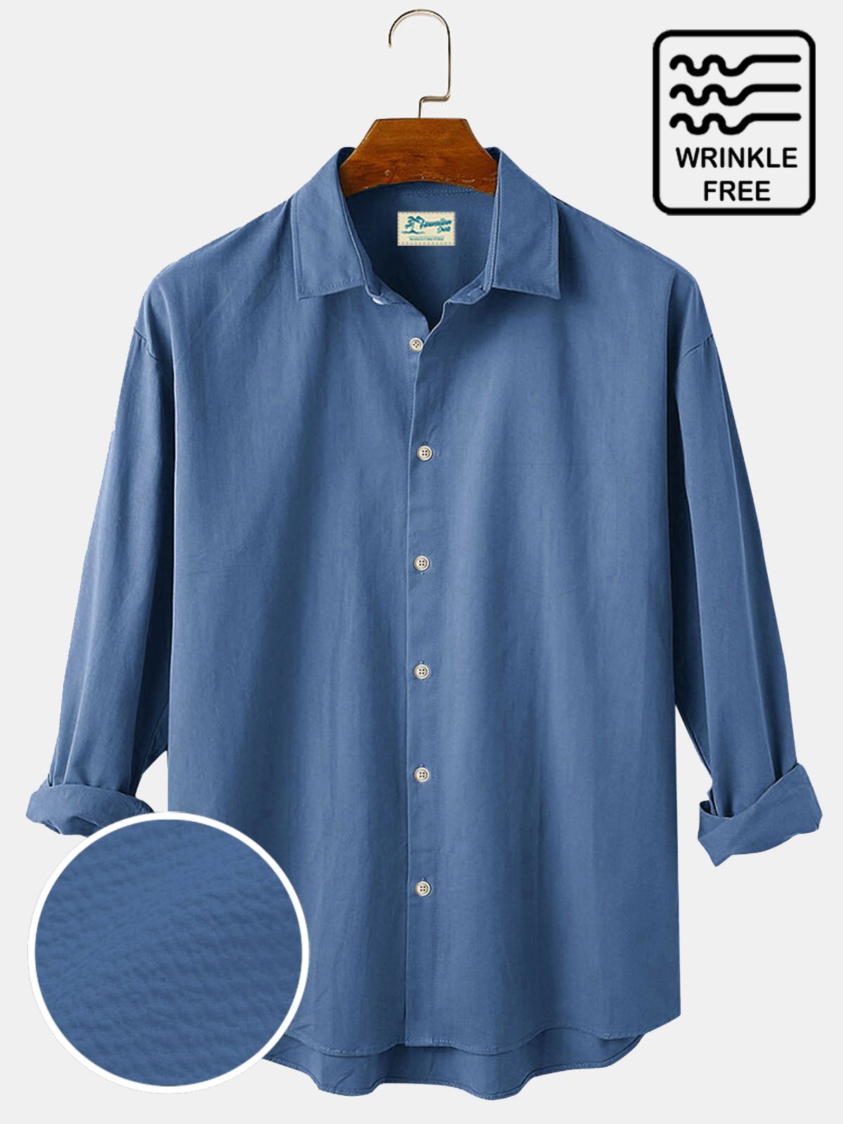  Men's Vintage Casual Plain Long Sleeve Shirts Cotton Blend Anti-Wrinkle Seersucker Easy Care Shirts