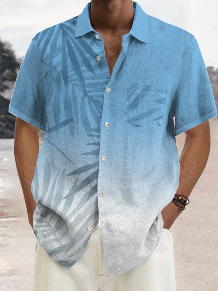  Cotton Linen Gradient Leaf Hawaiian Shirt Oversized Vacation Aloha Shirt