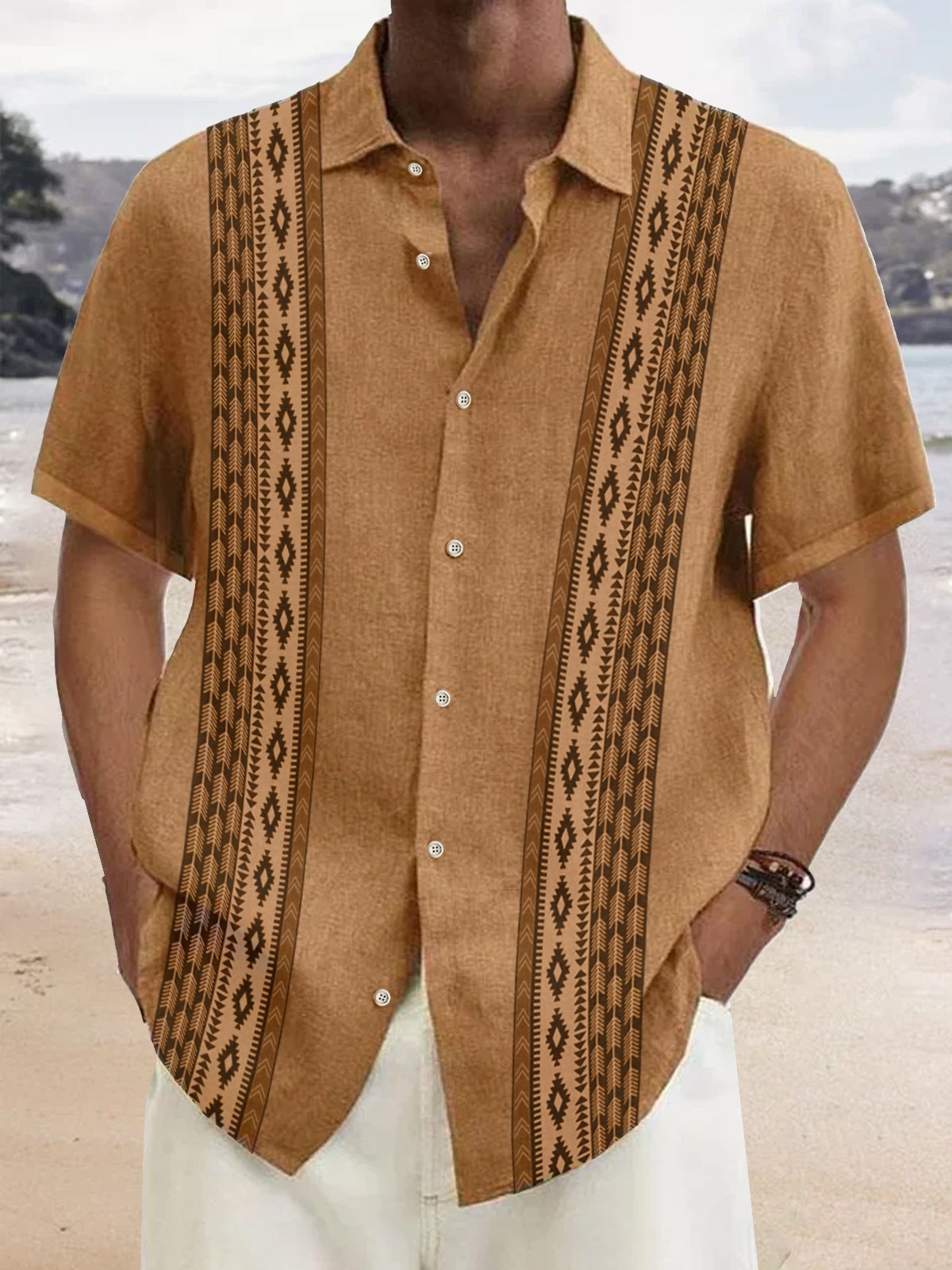  Cotton Linen Ethnic Aztec Pattern Retro Bowling Shirt Oversized Vacation Aloha Shirt