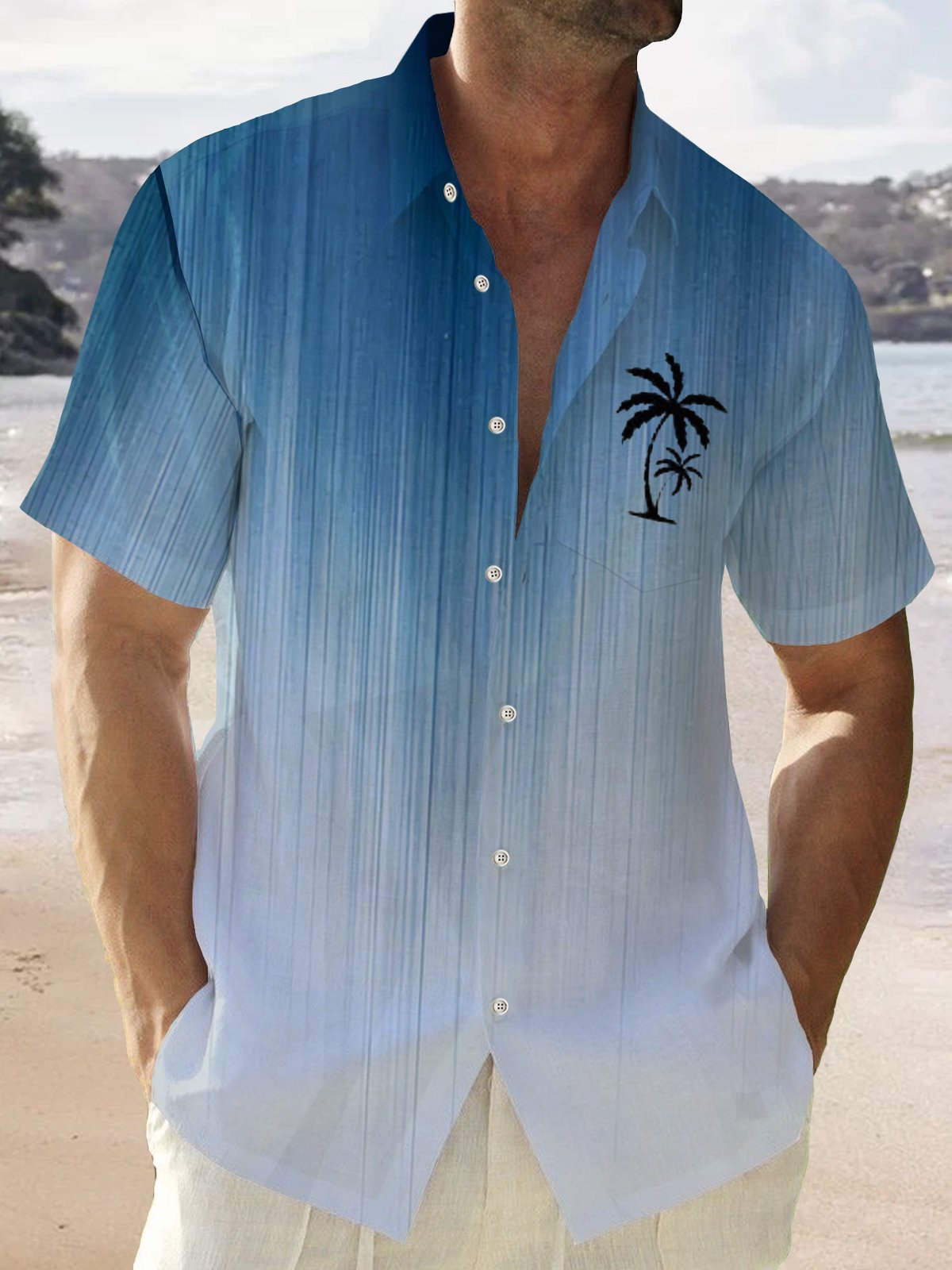  Men's Cotton Linen Gradual Texture Coconut Tree Print Chest Bag Shirt Plus Size Shirt