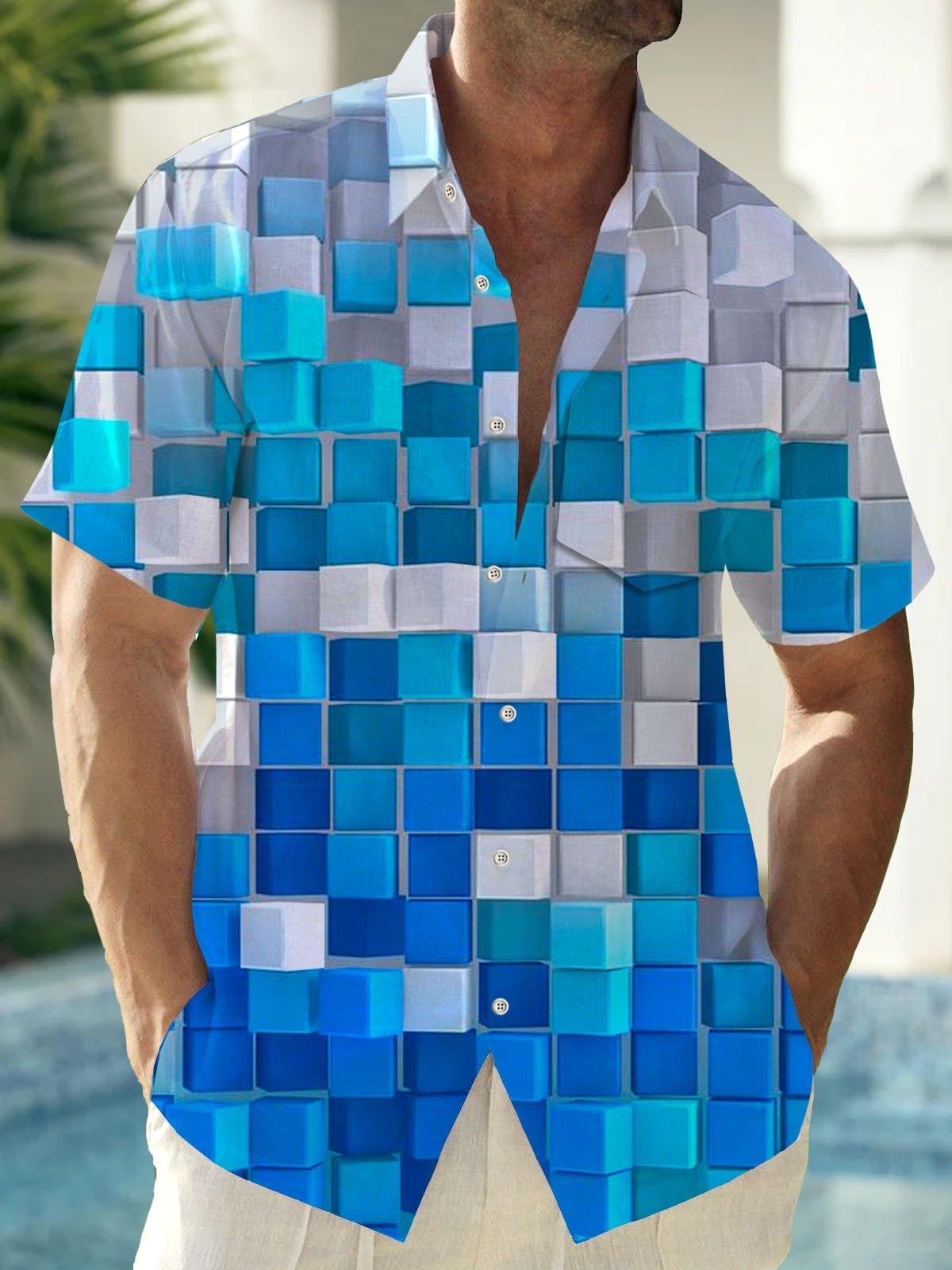 JoyMitty Hawaiian Geometric Block Men's Button Down Pocket Shirt