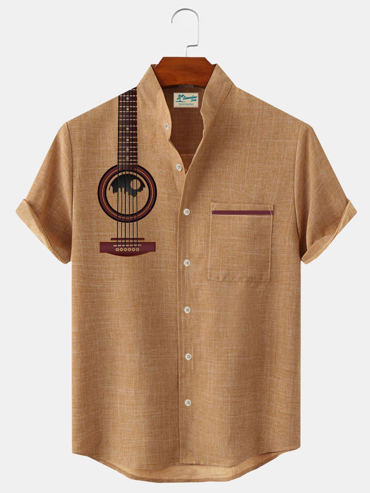 JoyMitty Vintage Musical Instrument Print Men's Stand Collar Button Pocket Shirt