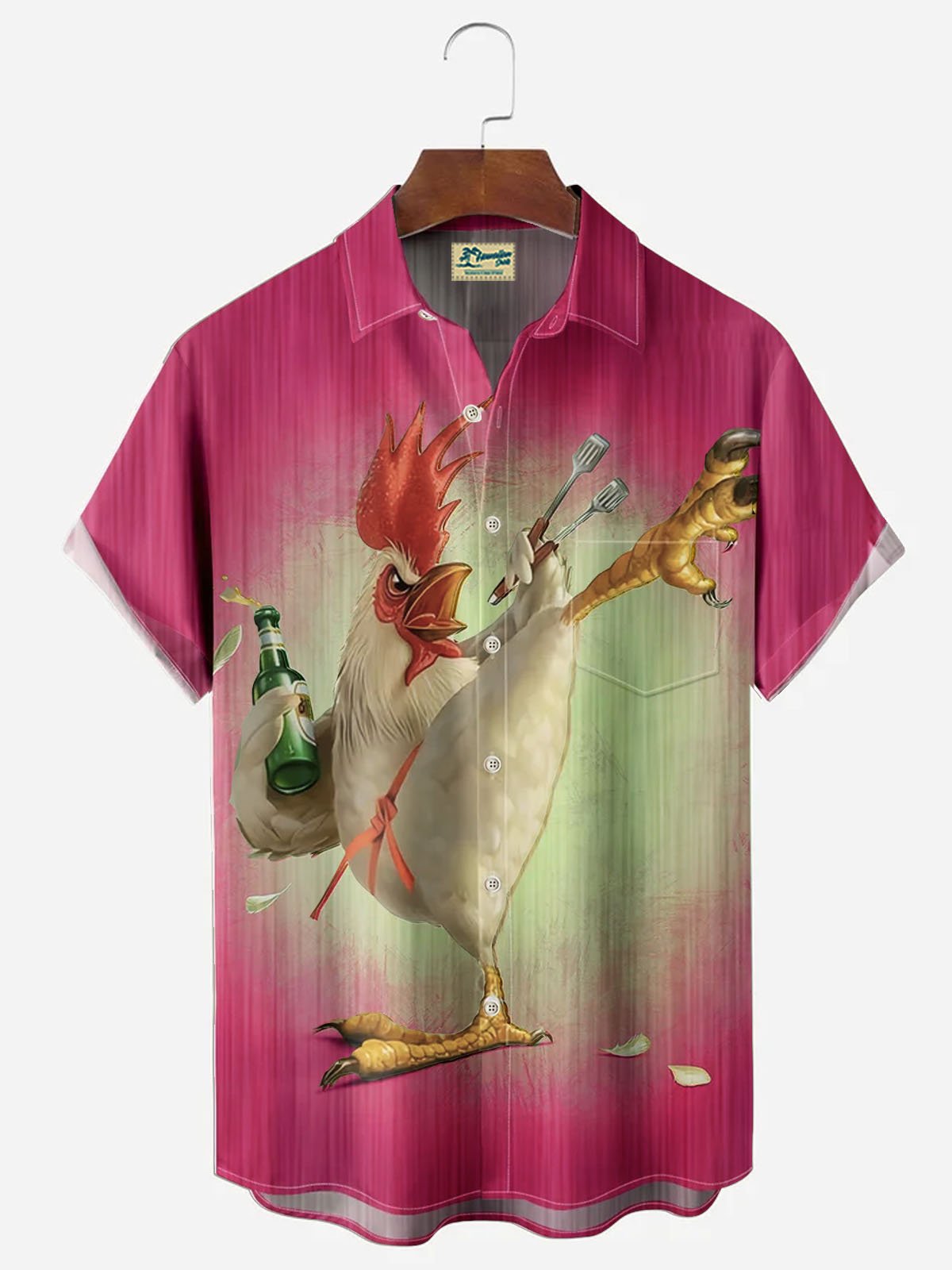 JoyMitty Vintage Gradient Kung fu Rooster Men's Button Pocket Short Sleeve Shirt