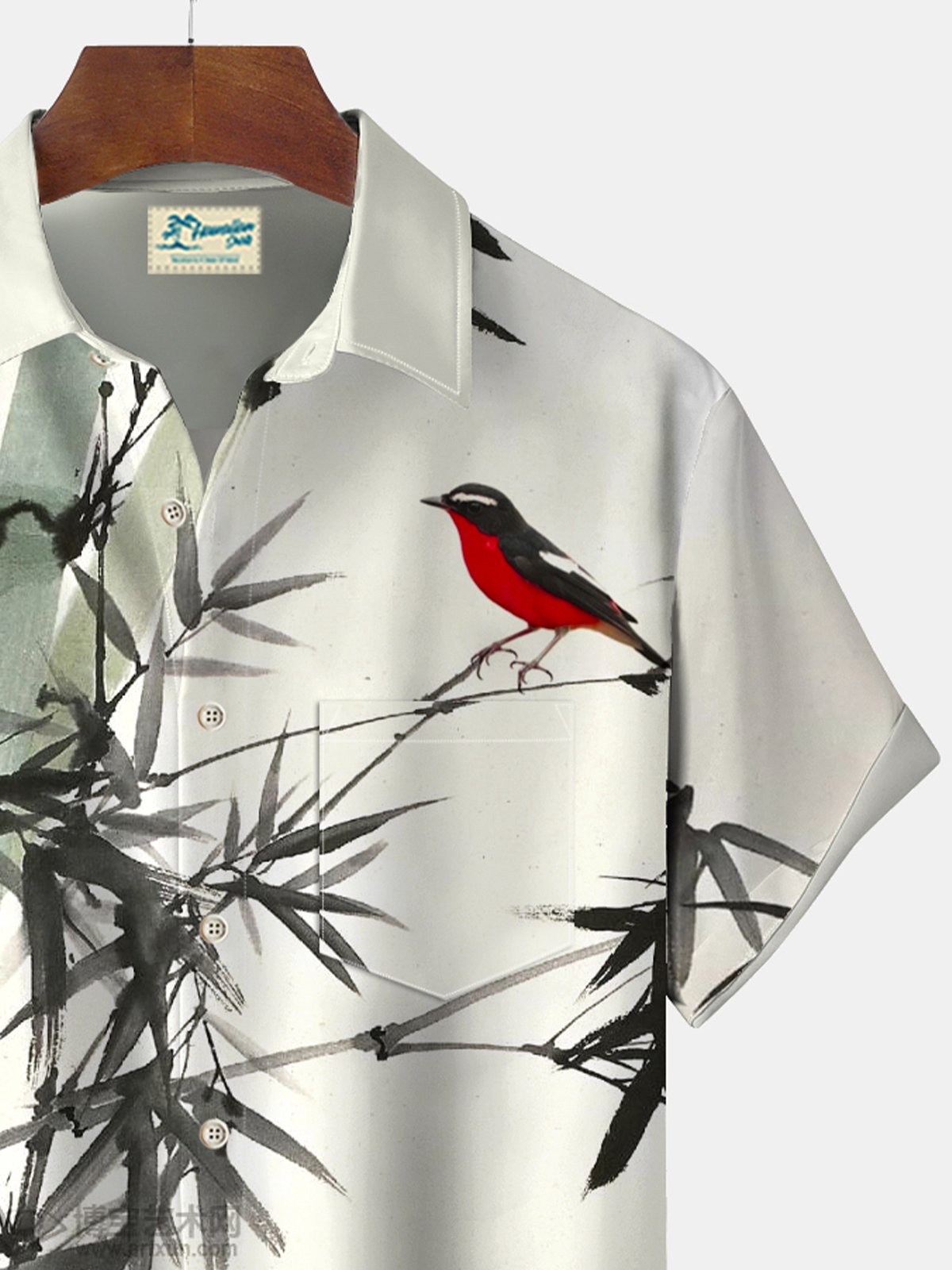 JoyMitty Plant Bamboo Bird Print Beach Men's Hawaiian Oversized Shirt With Pocket
