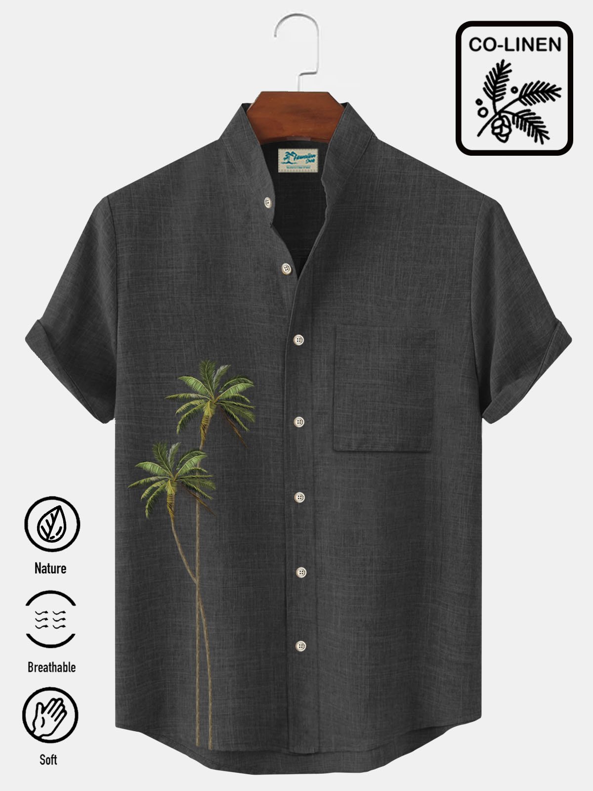 JoyMitty Natural Fiber Hawaiian Coconut Tree Print Stand Collar Men's Button Pocket Shirt