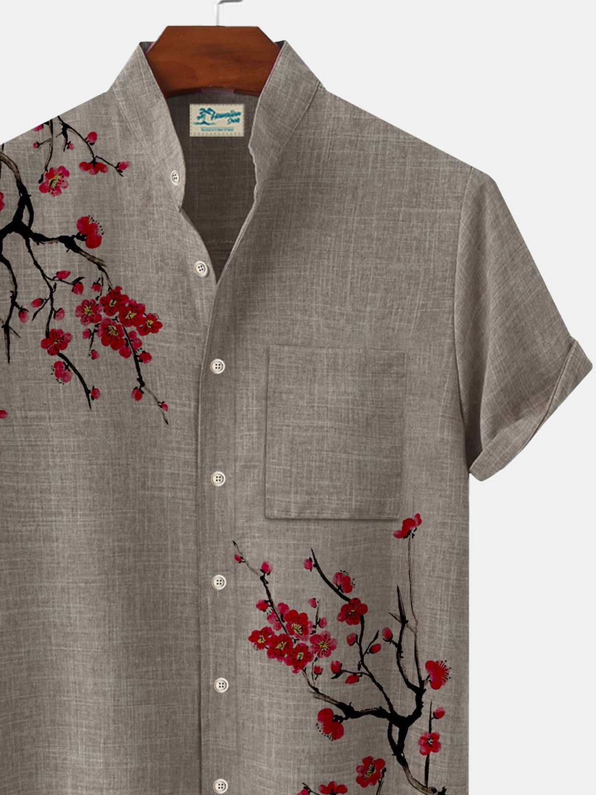 JoyMitty Natural Fiber Vintage Japanese Plum Blossom Printed Stand Collar Men's Button Pocket Shirt