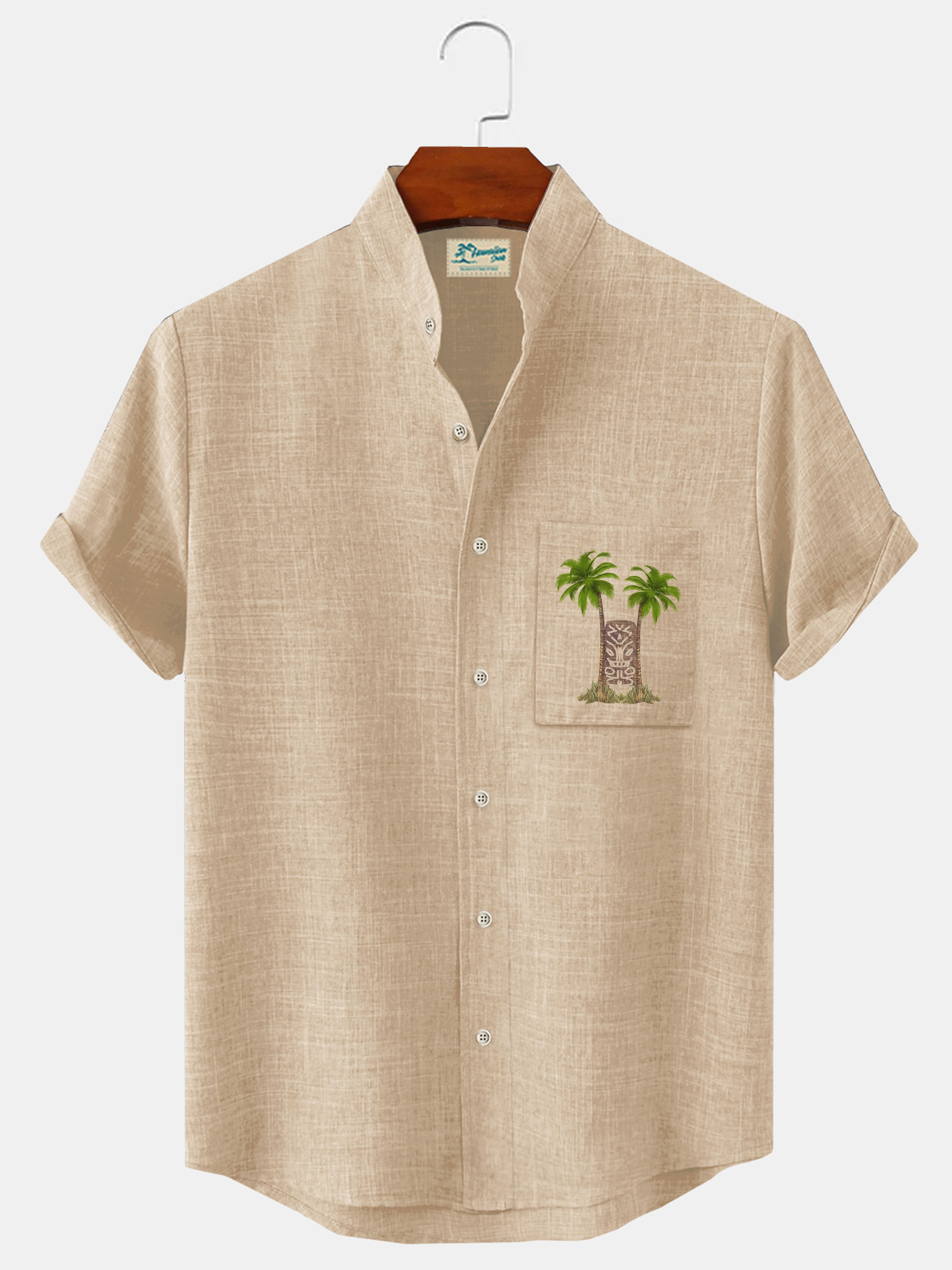 JoyMitty Coconut Tree Plant Print Beach Men's Hawaiian Oversized Shirt with Pockets