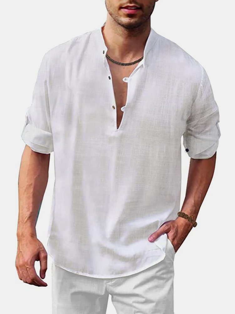 JoyMitty Nature  Fiber Shirt Men's Vintage Basics Casual Button Down Loose Long Sleeve Shirt