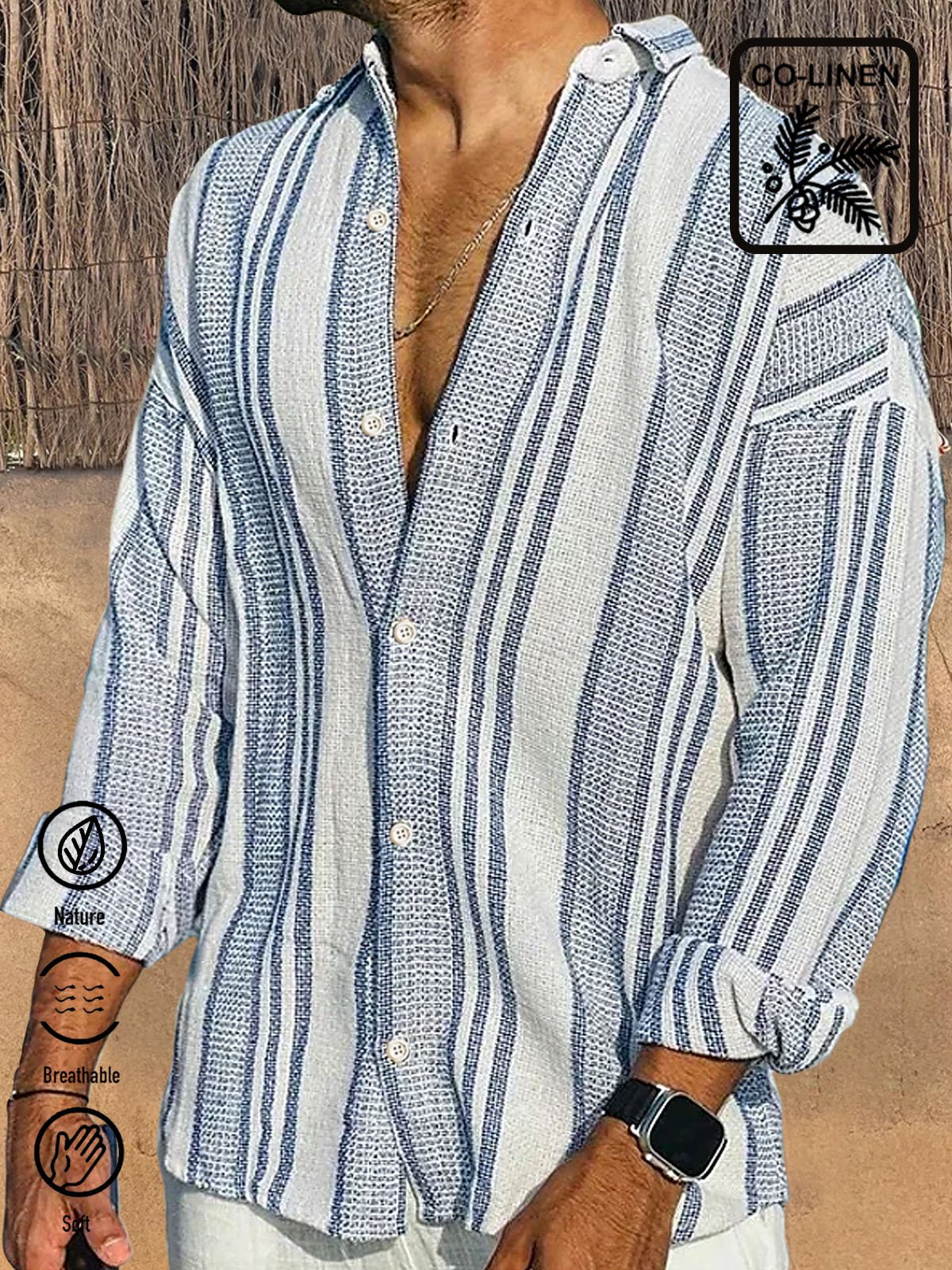JoyMitty Casual Striped Print Men's Long Sleeve Button Pocket Shirt