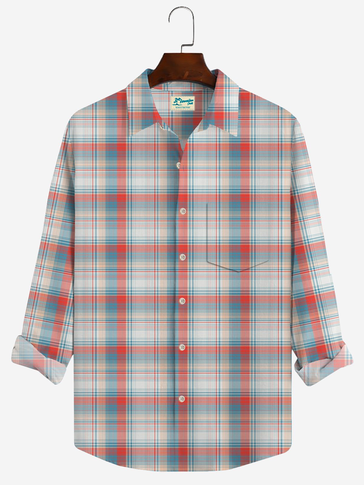 JoyMitty Vacation Casual Red Men's Seersucker Plaid Long Sleeve Shirts Wrinkle-Free Stretch Large Size Camp Pocket Shirts
