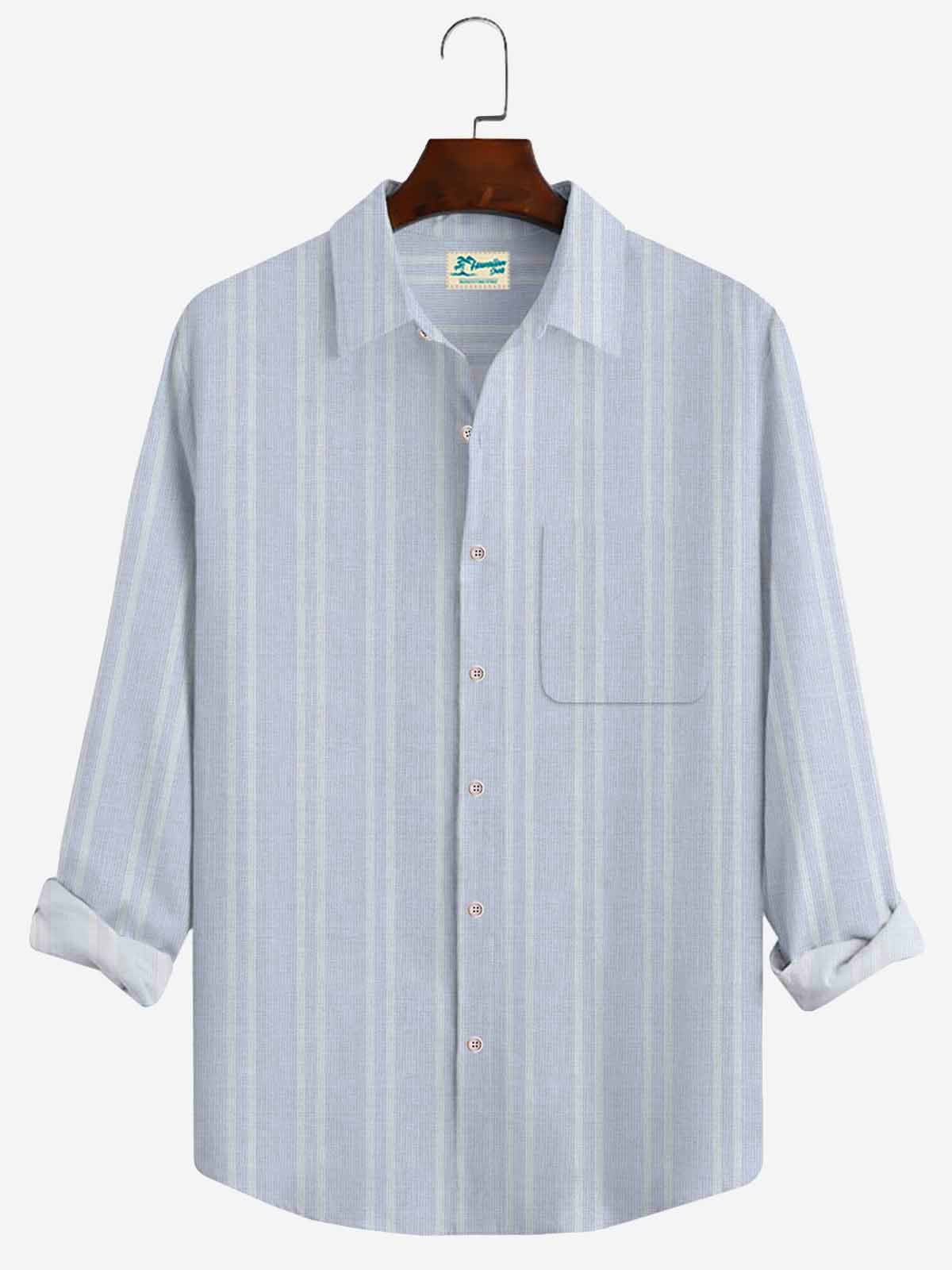 JoyMitty Holiday Beach Casual Blend Light Blue Men's Long Sleeve Striped Shirts Stretch Plus SIze Camp Pocket Shirts