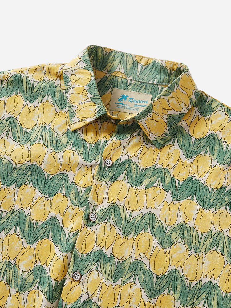 JoyMitty Vintage Art Floral Yellow Men's Hawaiian Shirts Comfortable Stretch Oversized Aloha Camp Button Shirts