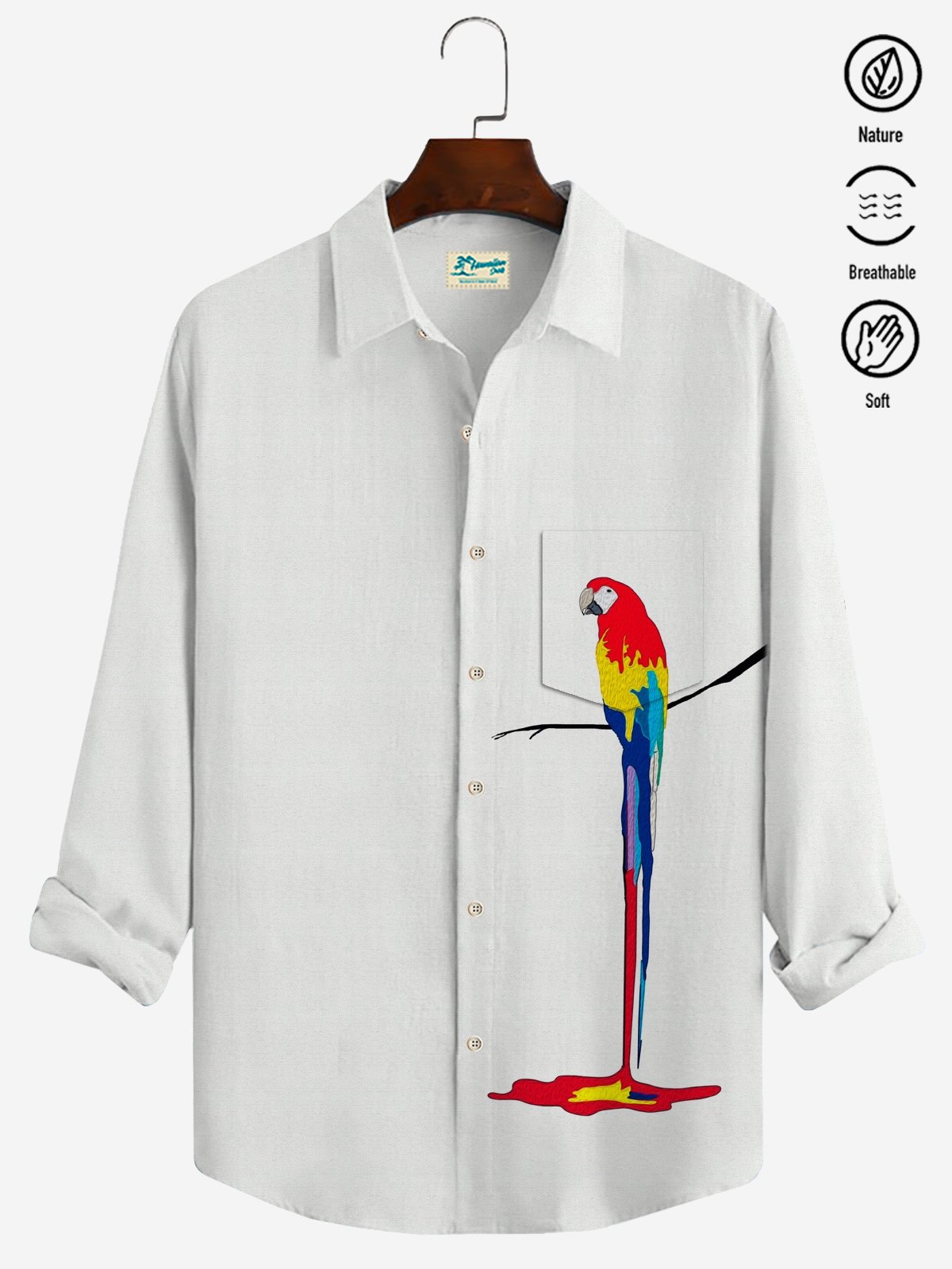 JoyMitty Parrot Print Casual Men's Hawaiian Vacation Oversized Long Sleeve Shirt