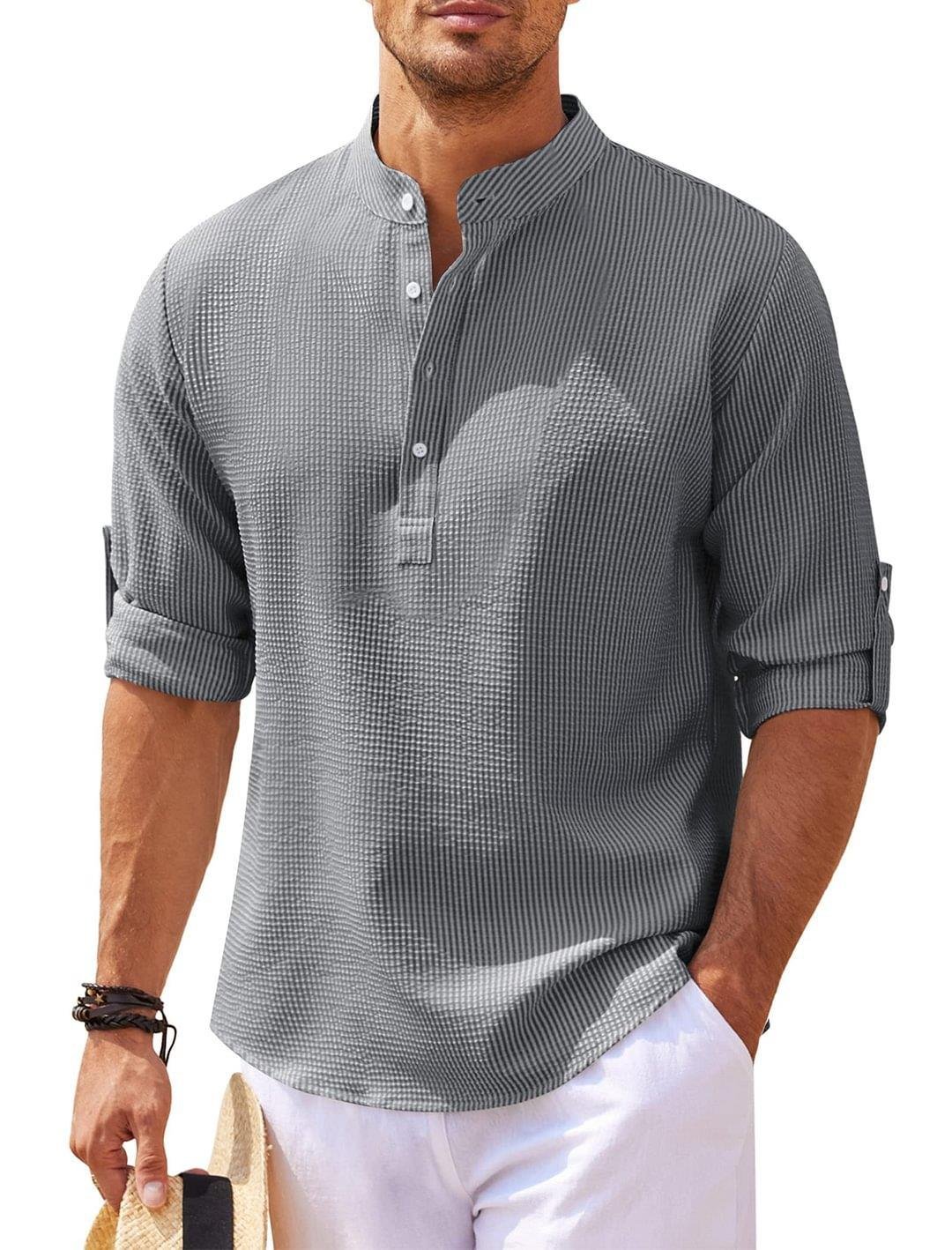 JoyMitty Hawaiian Seersucker Cardigan Men's Button Down Long Sleeve Plus Size Shirt
