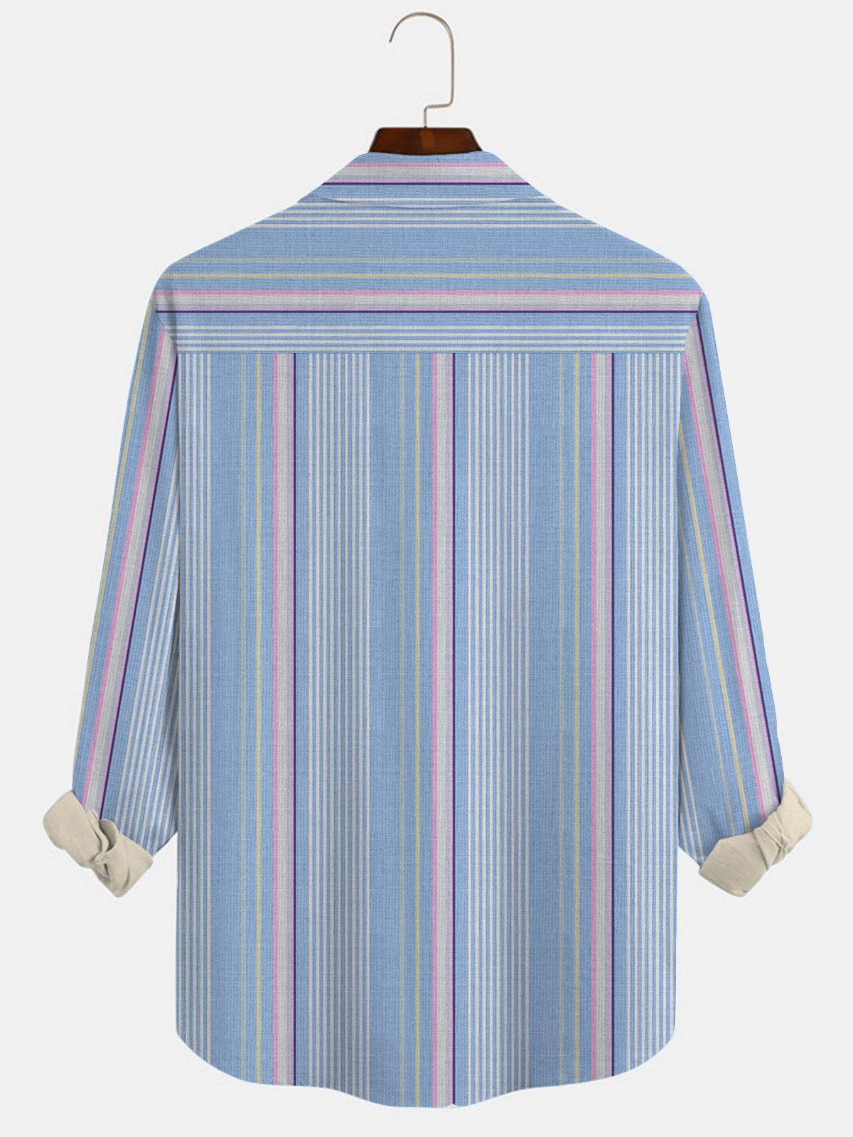 JoyMitty Beach Vacation Stripe Light Blue Men's Casual Long Sleeve Shirts Stretch Plus Size Aloha Camp Pocket Shirts