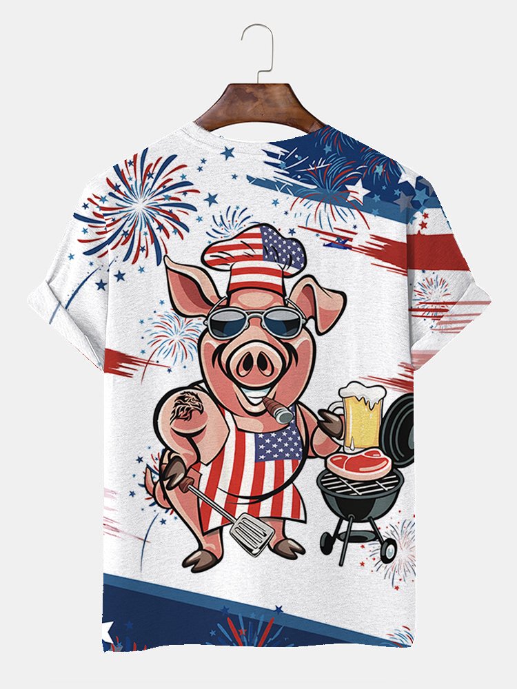 JoyMitty Pig American Flag BBQ Print Beach Men's Hawaiian Oversized Short Sleeve T-Shirt