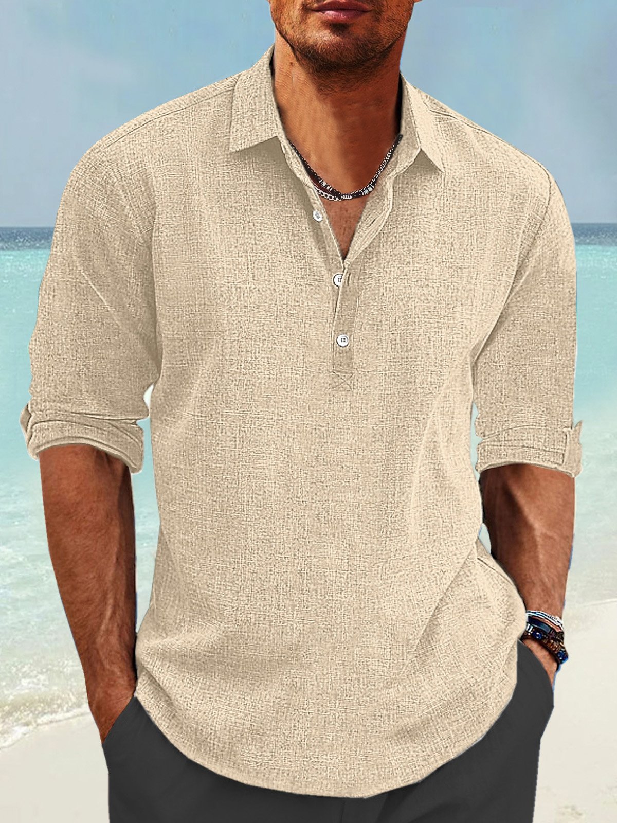 JoyMitty Natural Fiber Pullover Shirt Collar Button Up Daily Hawaiian Long Sleeve Shirt