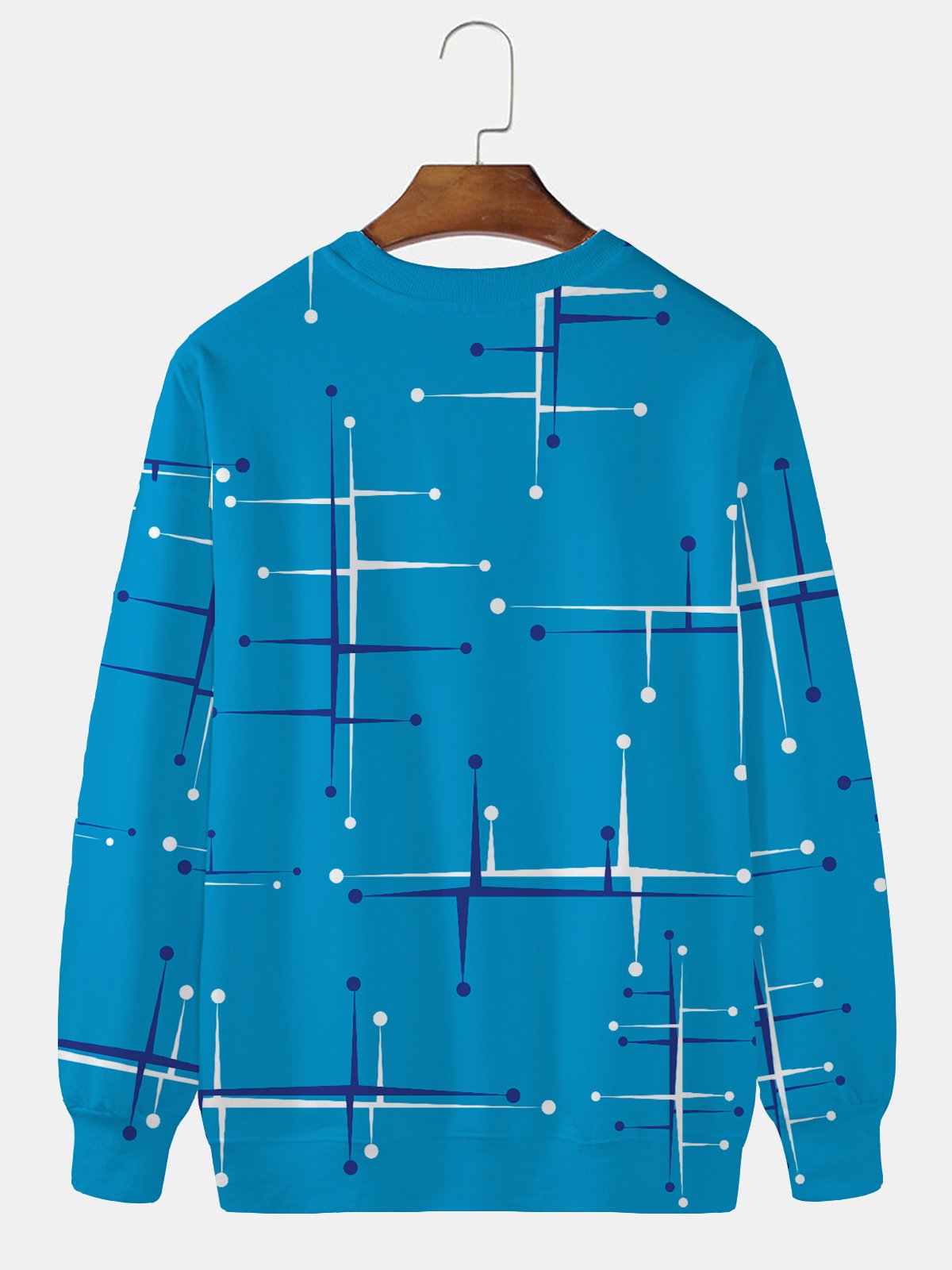 JoyMitty 50's Retro Mid-Century Geometric Blue Men's Crewneck Sweatshirt Stretch Plus Size Art Casual Pullover Sweatshirts