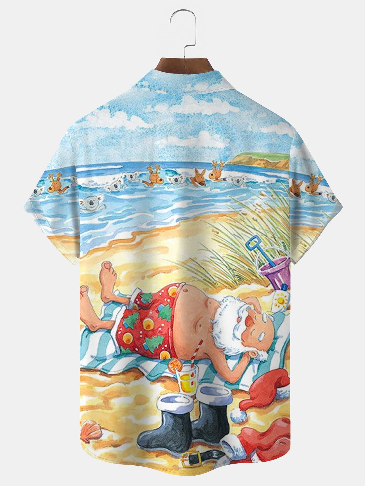Christmas Santa Beach Print Beach Men's Hawaiian Oversized Long Sleeve Shirt with Pockets