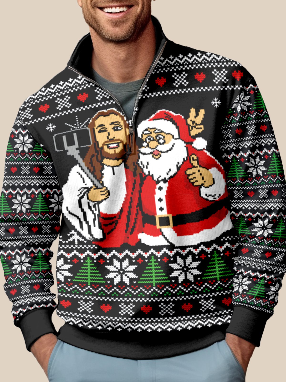 JoyMitty Men's Jesus And Santa Ugly Christmas Sweater Print Festive Style Half Zipper