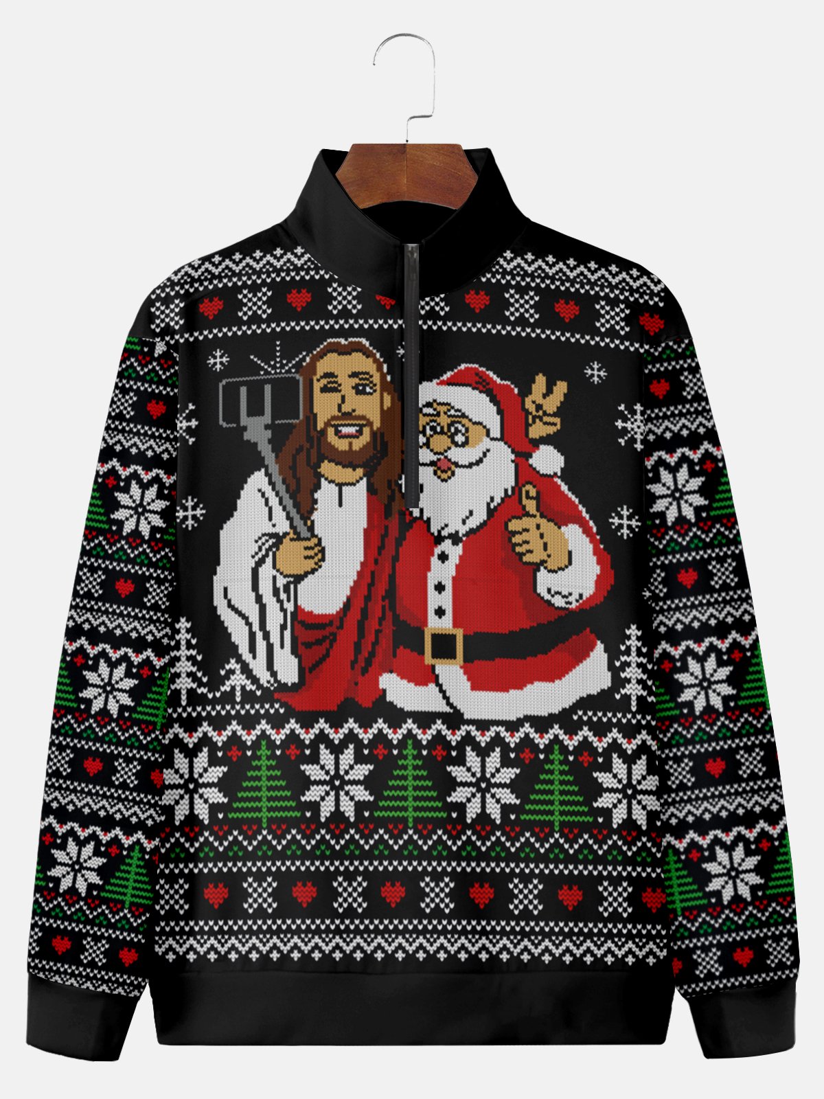 JoyMitty Men's Jesus And Santa Ugly Christmas Sweater Print Festive Style Half Zipper