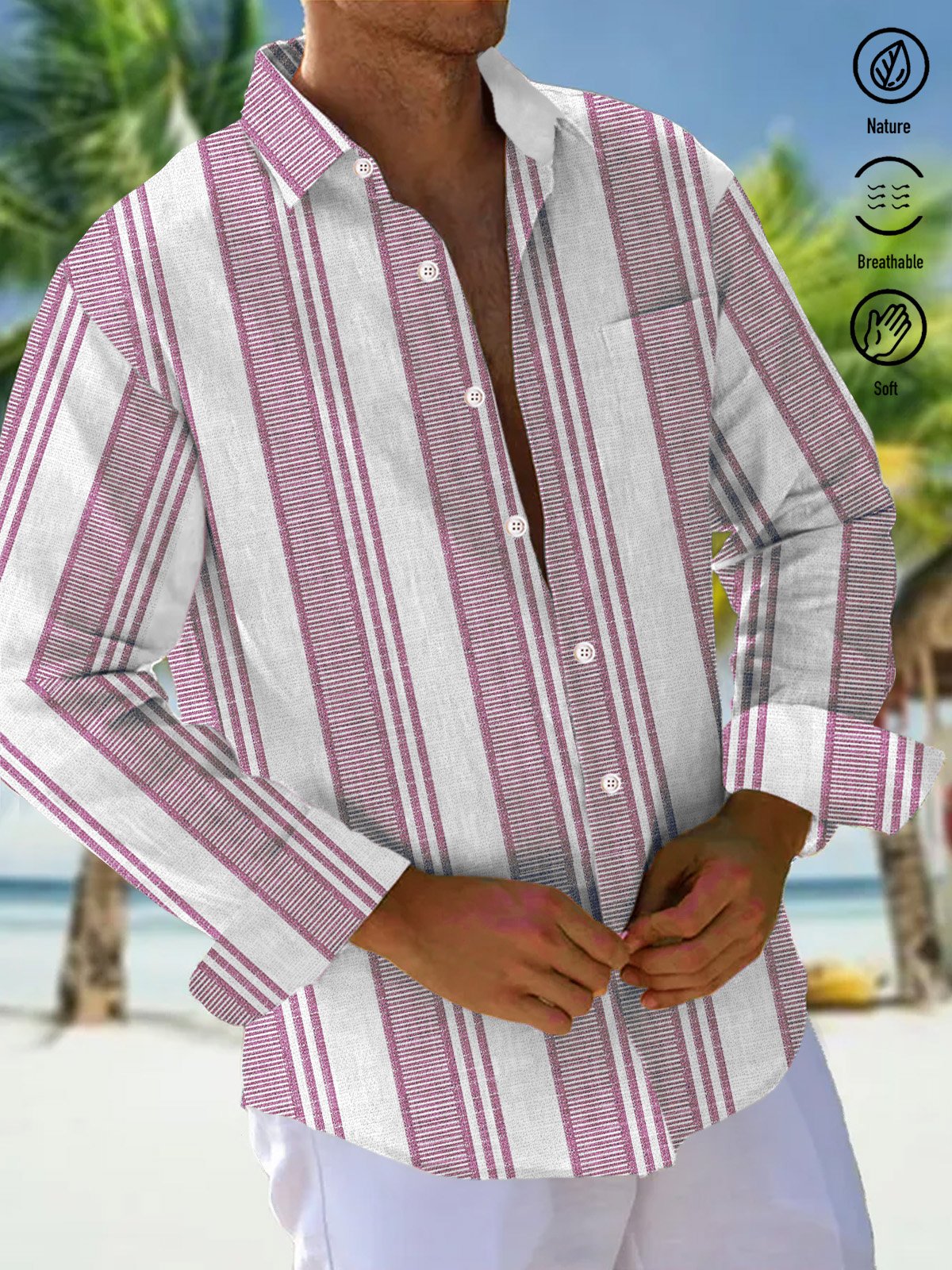 JoyMitty Casual Striped Print Men's Long Sleeve Button Pocket Shirt