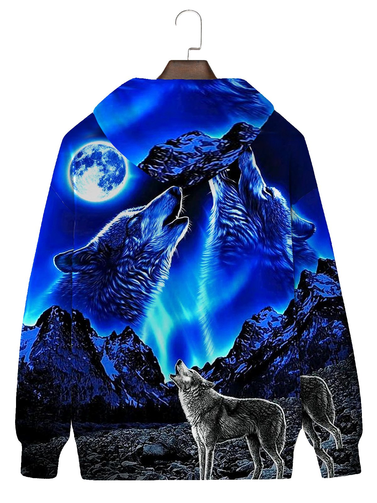 JoyMitty Men's Wolf Aurora Print Vintage Hooded Sweatshirt