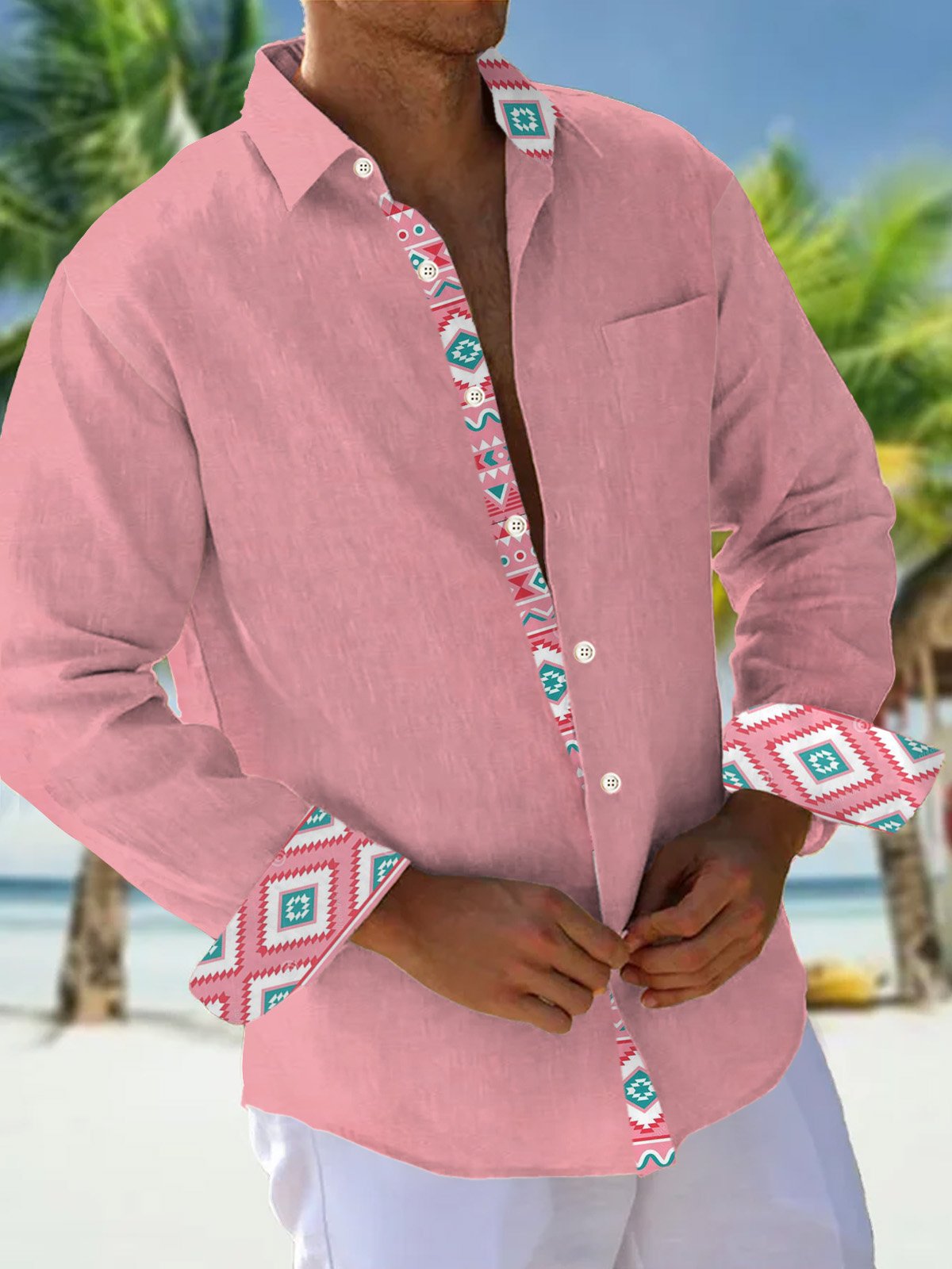 JoyMitty Geometric Print Men's Button Pocket Long Sleeve Shirt