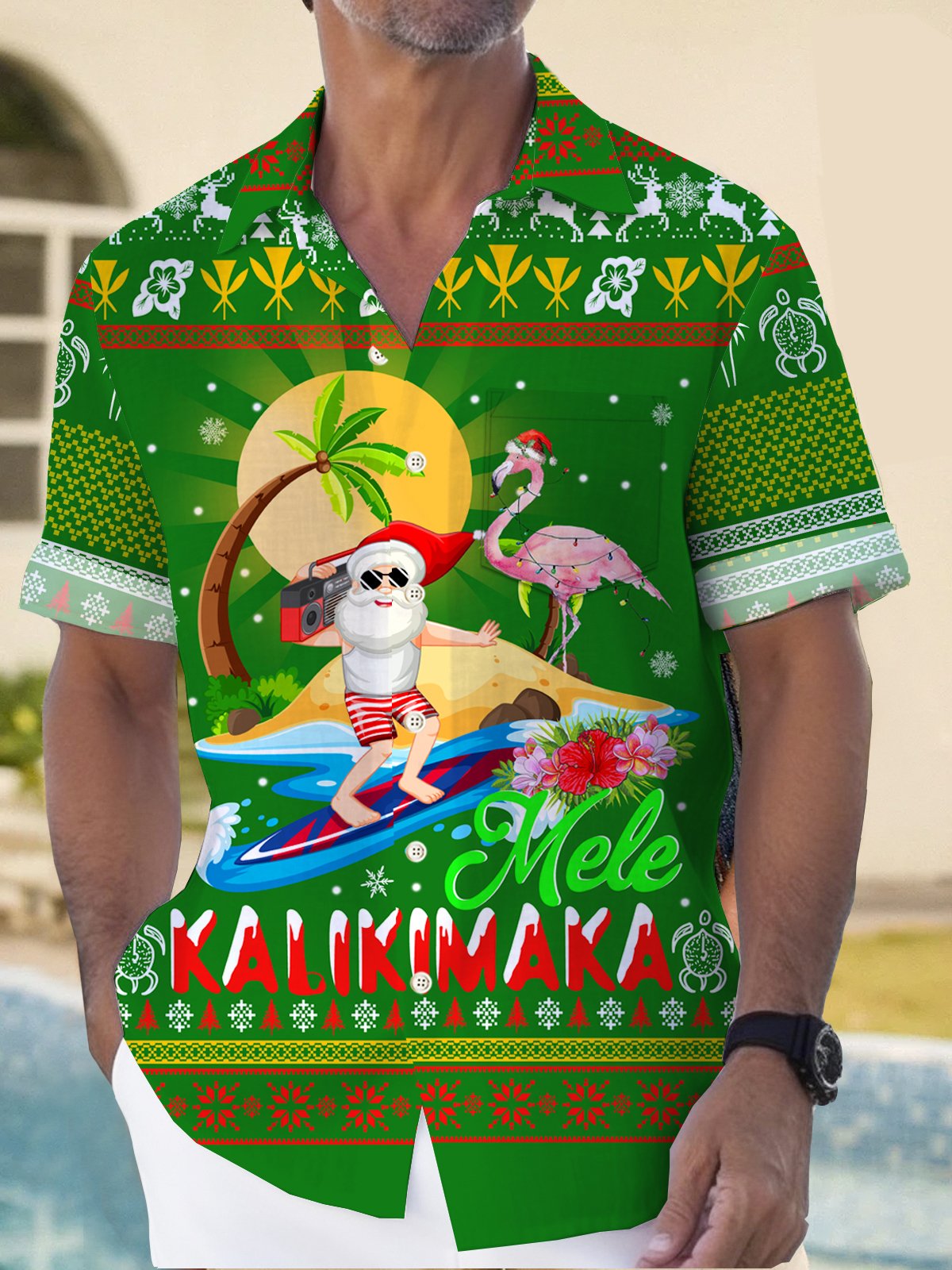 Christmas Mele Laikimaka Hohoho Christmas Santa Print Men's Button Pocket Shirt