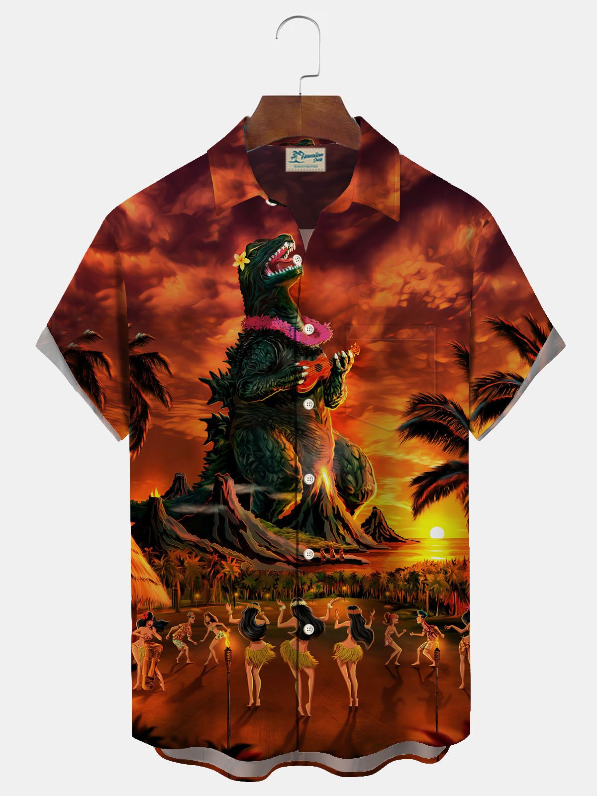 JoyMitty Hawaiian Godzilla Monster Print Men's Button Down Pocket Shirt