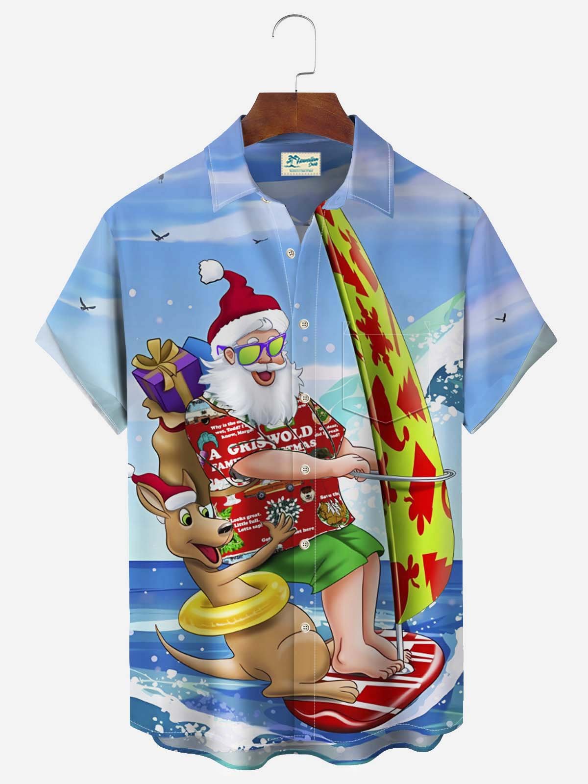 Beach Vacation Light Blue Men's Hawaiian Shirts Surfer Santa Cartoon Aloha Camp Pocket Shirts