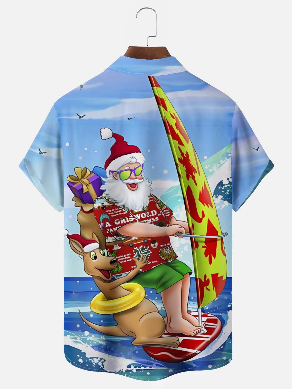 Beach Vacation Light Blue Men's Hawaiian Shirts Surfer Santa Cartoon Aloha Camp Pocket Shirts