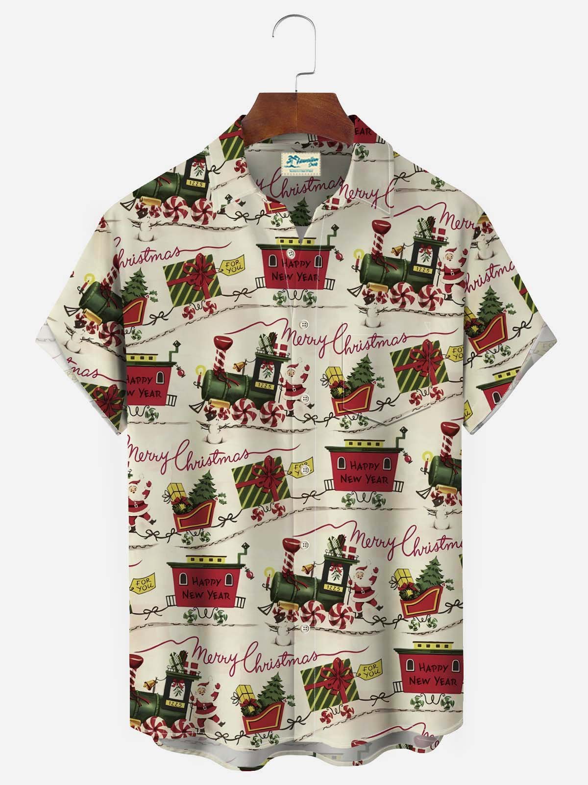 Christmas Holiday Khaki Men's Hawaiian Shirt Santa Sleigh Fun Cartoon Plus Size Pocket Button-Down Shirts