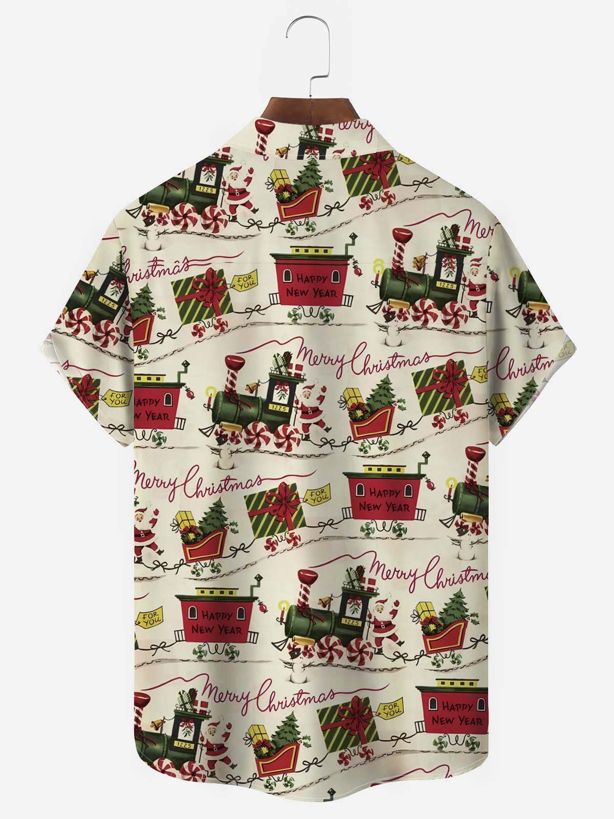 Christmas Holiday Khaki Men's Hawaiian Shirt Santa Sleigh Fun Cartoon Plus Size Pocket Button-Down Shirts