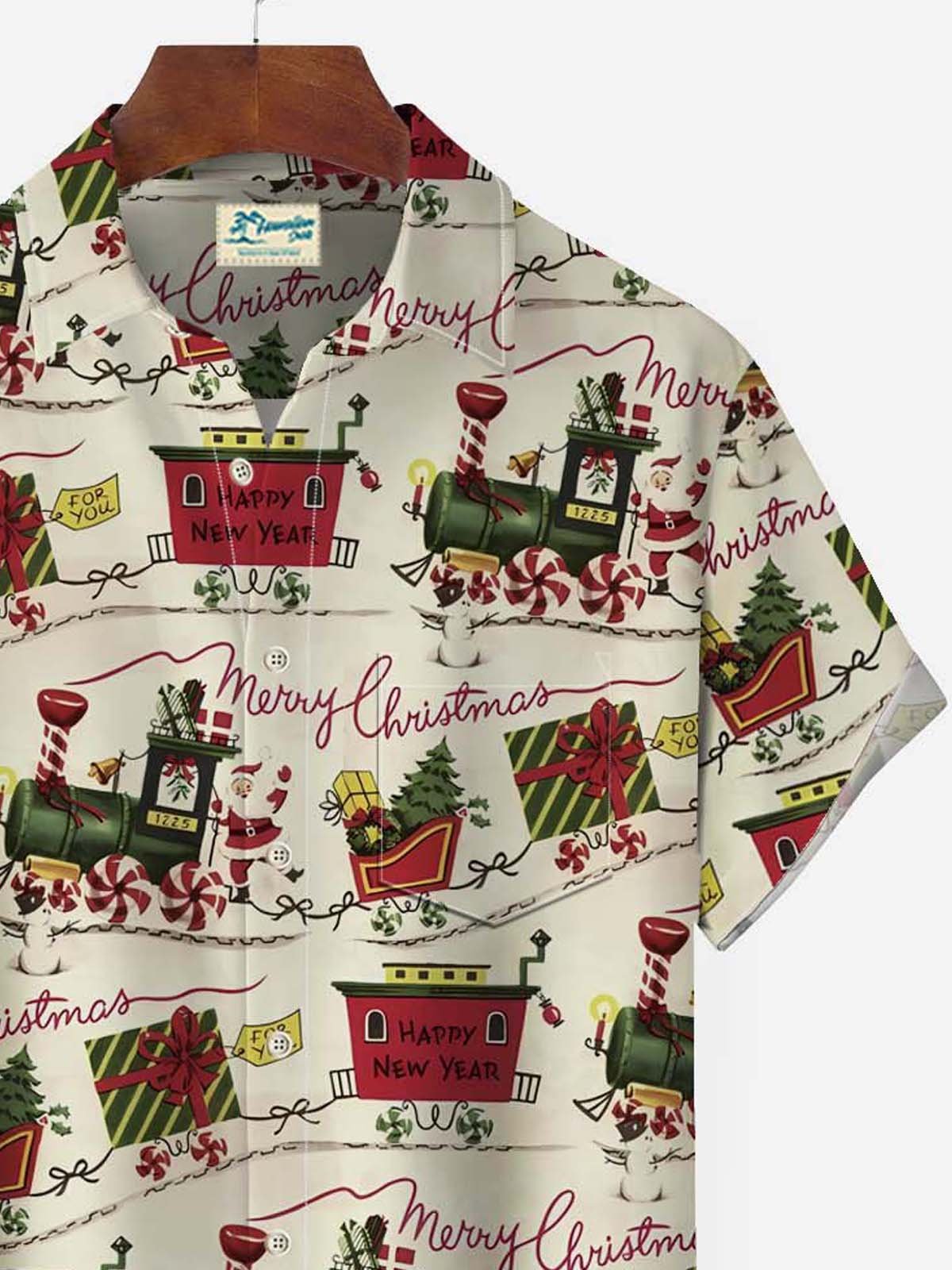 Christmas Holiday Khaki Men's Hawaiian Shirt Santa Sleigh Fun Cartoon Plus Size Pocket Button-Down Shirts