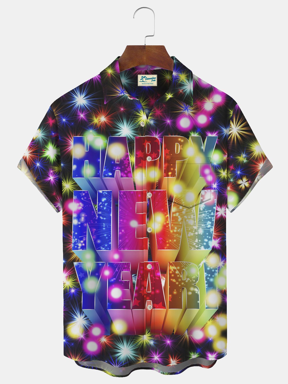 Happy New Year Holidays Men's Hawaiian Shirts Stretch Lantern Fireworks Fun Pocket Christmas Shirts Big Tall