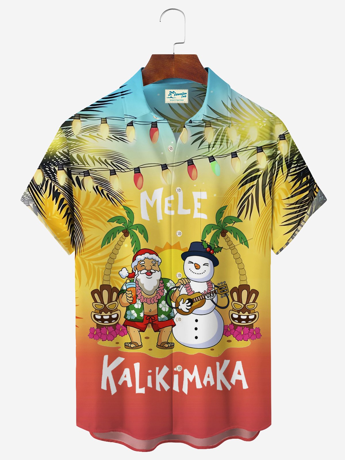 Christmas Beach Vacation Red Men's Hawaiian Shirts Gradient Mele Kalikimaka Fun Santa Pocket Shirts