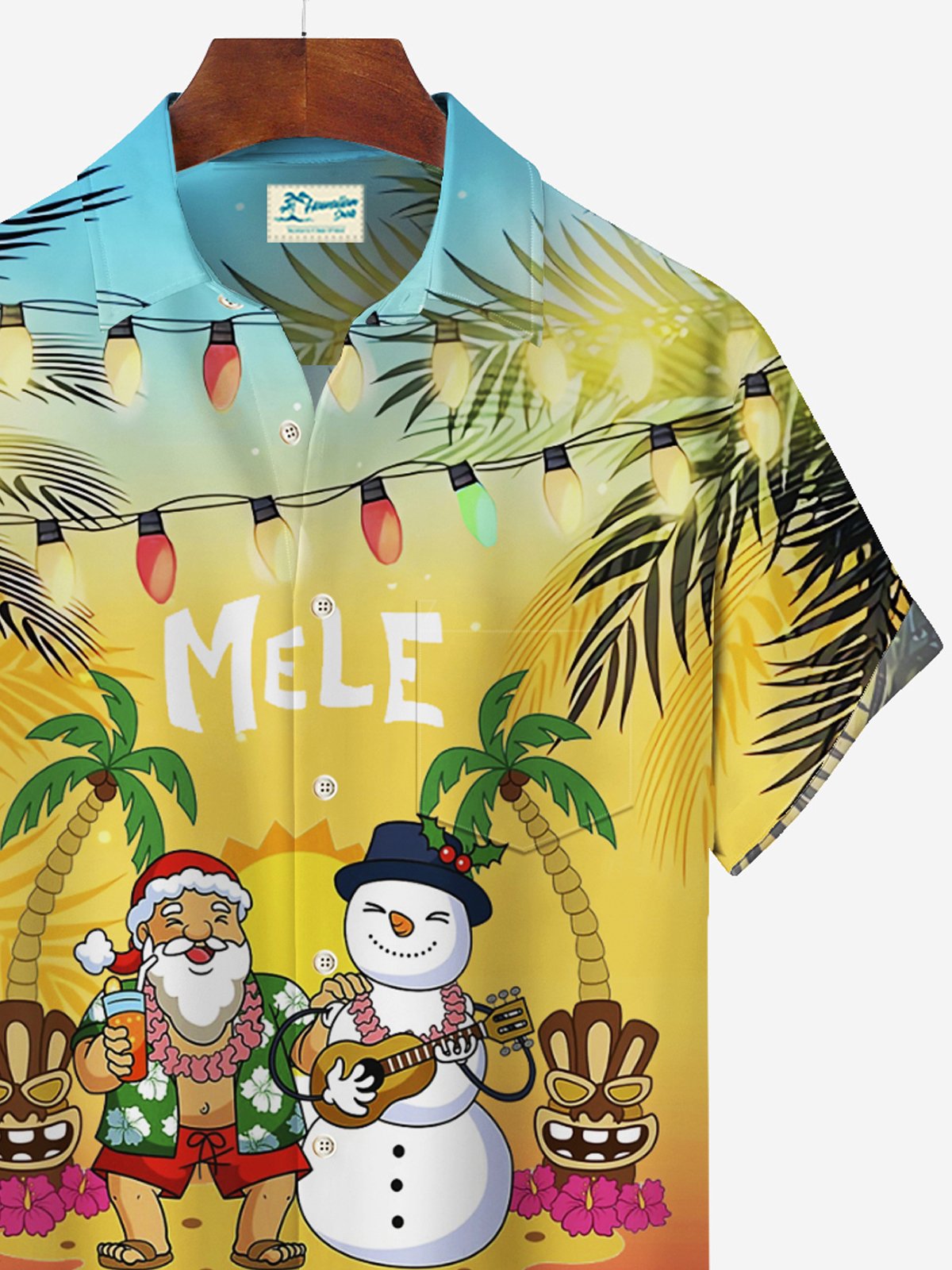 Christmas Beach Vacation Red Men's Hawaiian Shirts Gradient Mele Kalikimaka Fun Santa Pocket Shirts