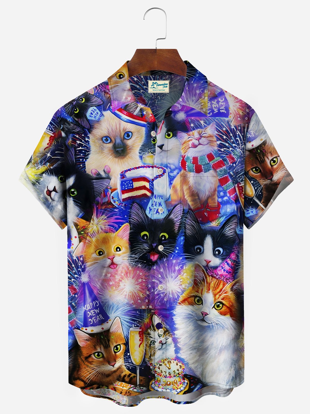 New Year Fireworks Men's Hawaiian Shirts Cute Cat Cartoon Stretch Easy Care Camp Pocket Shirts Big Tall