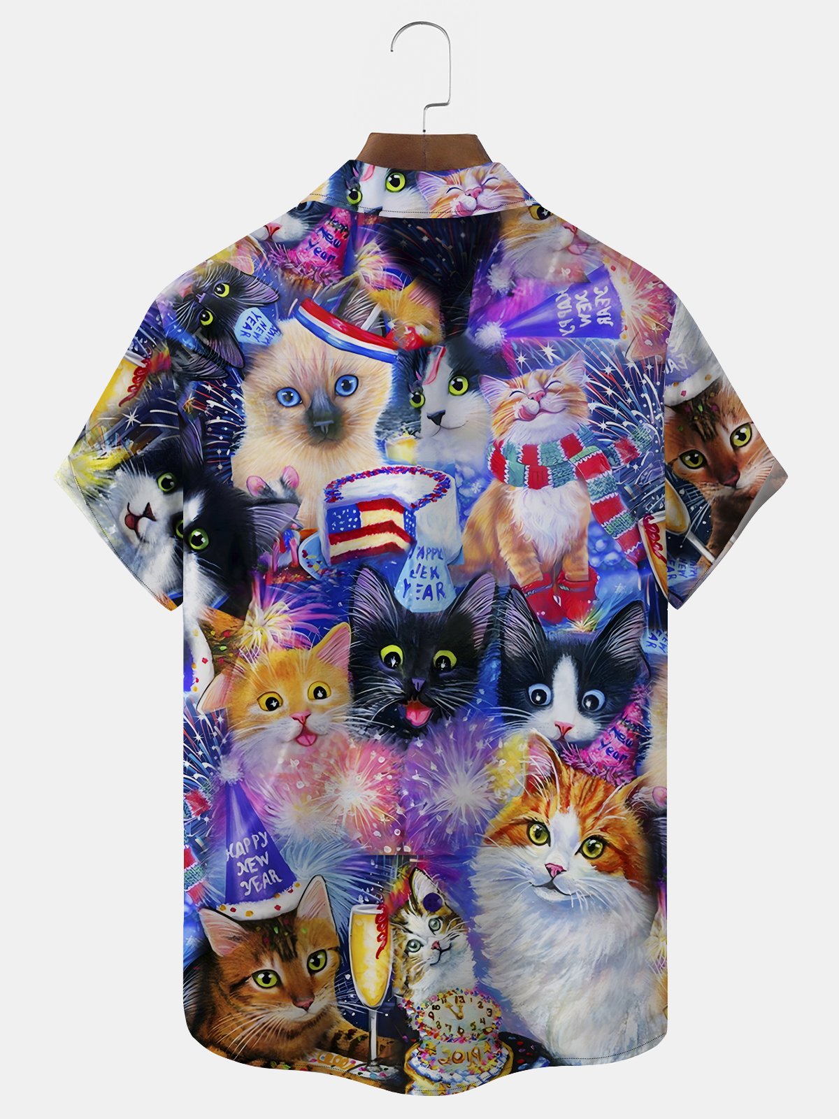 New Year Fireworks Men's Hawaiian Shirts Cute Cat Cartoon Stretch Easy Care Camp Pocket Shirts Big Tall