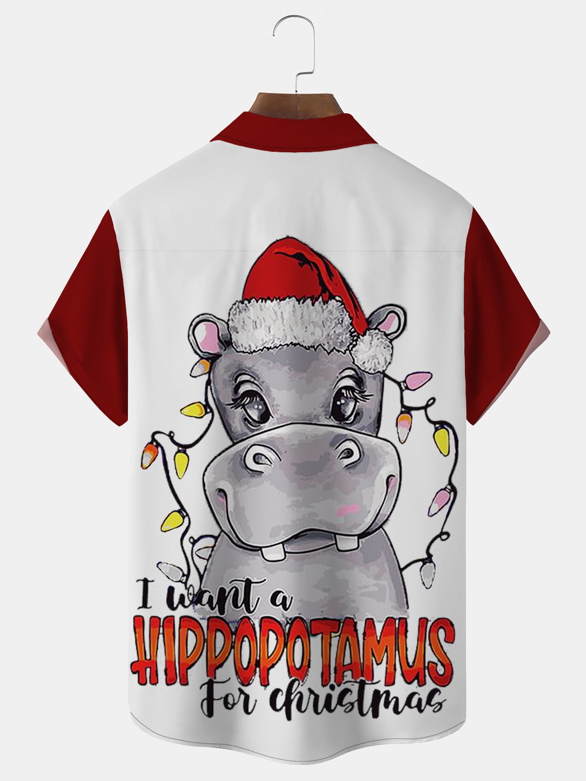 Hippopotamus Christmas Print Men's Button Pocket Short Sleeve Shirt