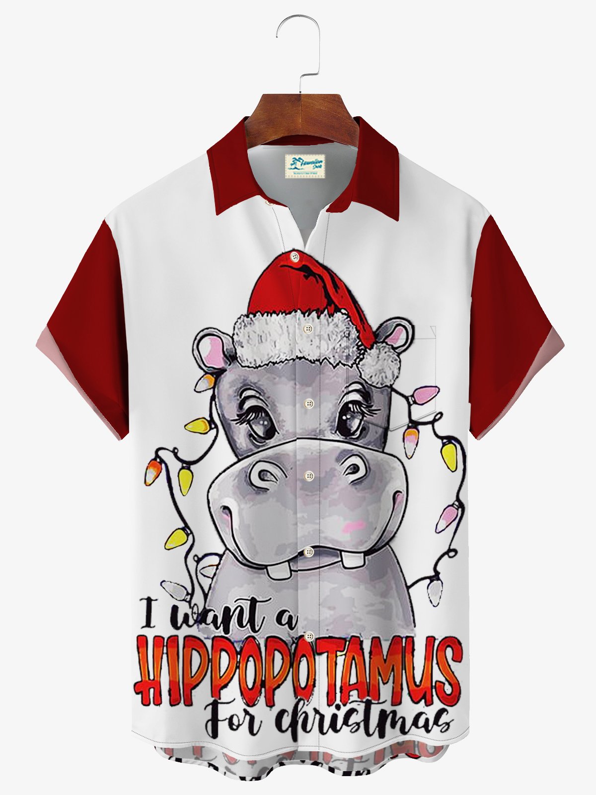 Hippopotamus Christmas Print Men's Button Pocket Short Sleeve Shirt