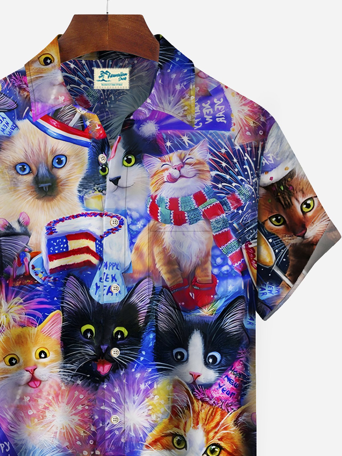 New Year Fireworks Men's Hawaiian Shirts Cute Cat Cartoon Stretch Easy Care Camp Pocket Shirts Big Tall