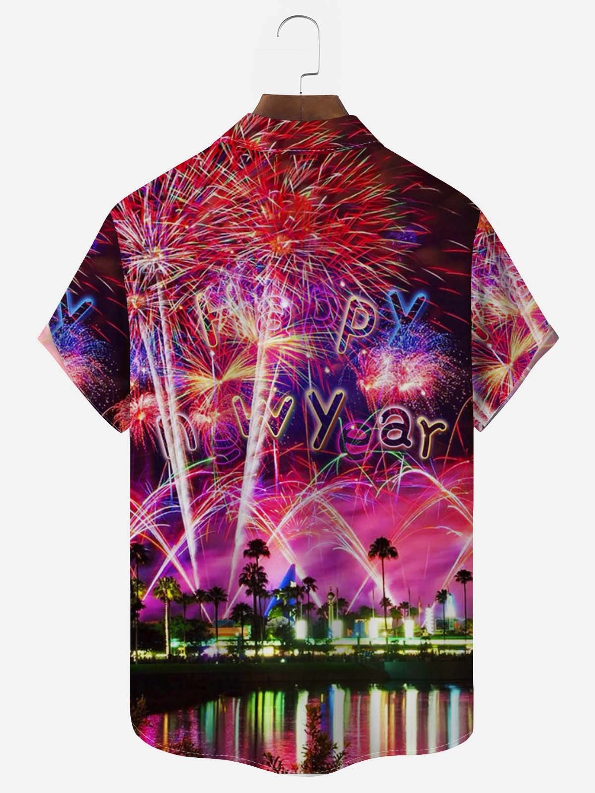 Happy New Year Holidays Men's Hawaiian Shirts Stretch Fireworks Fun Pocket Christmas Shirts Big Tall