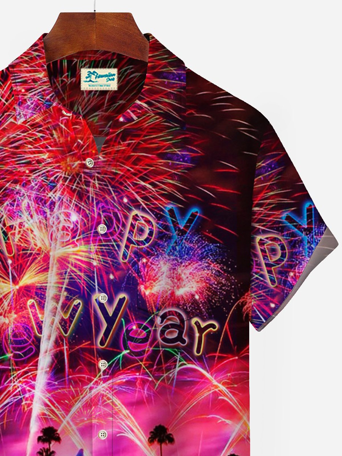 Happy New Year Holidays Men's Hawaiian Shirts Stretch Fireworks Fun Pocket Christmas Shirts Big Tall