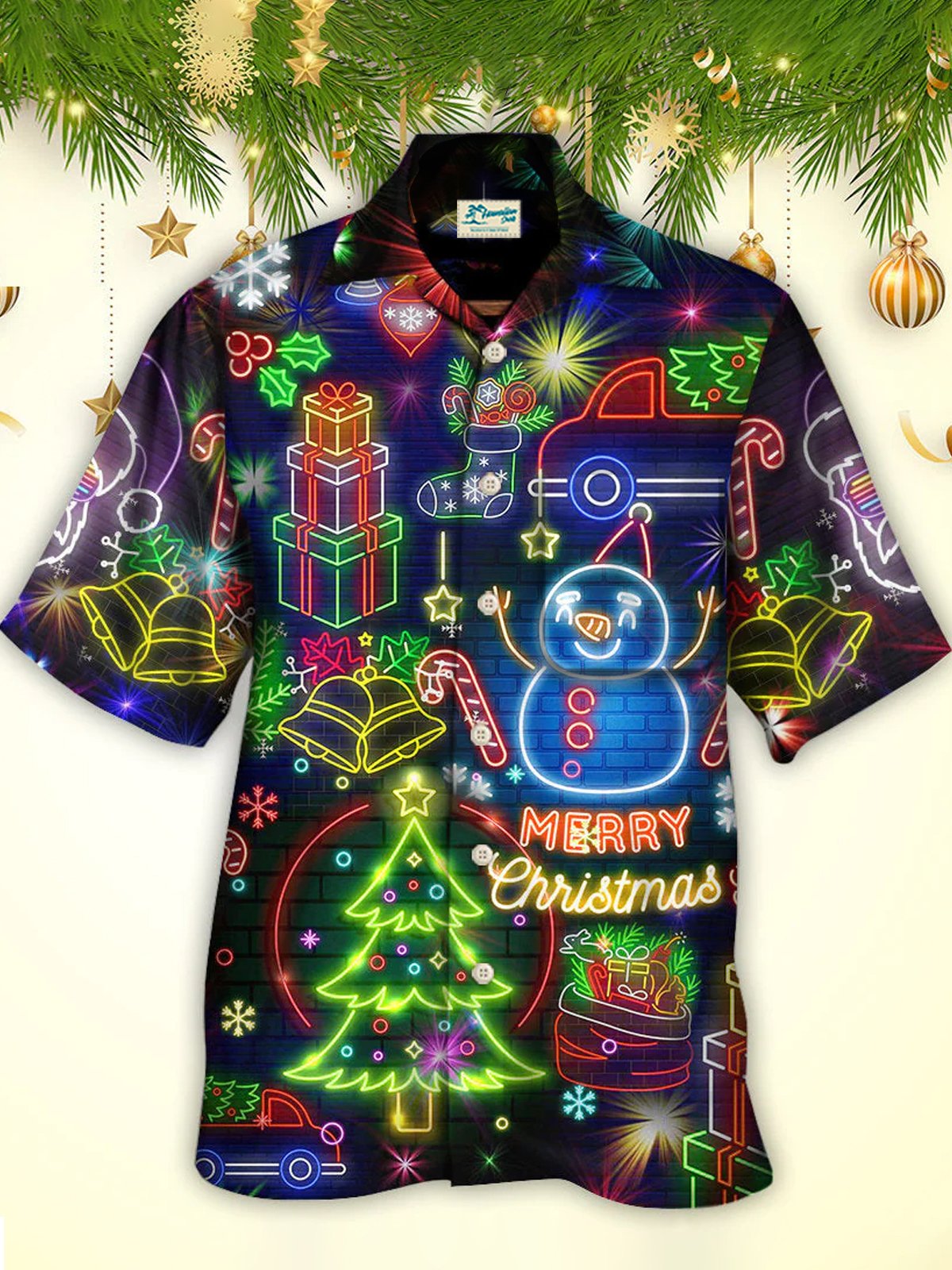 Holiday Neon Christmas Men's Hawaiian Shirts Snowman Stretch Wrinkle Free Aloha Camp Pocket Christmas Tree Shirts