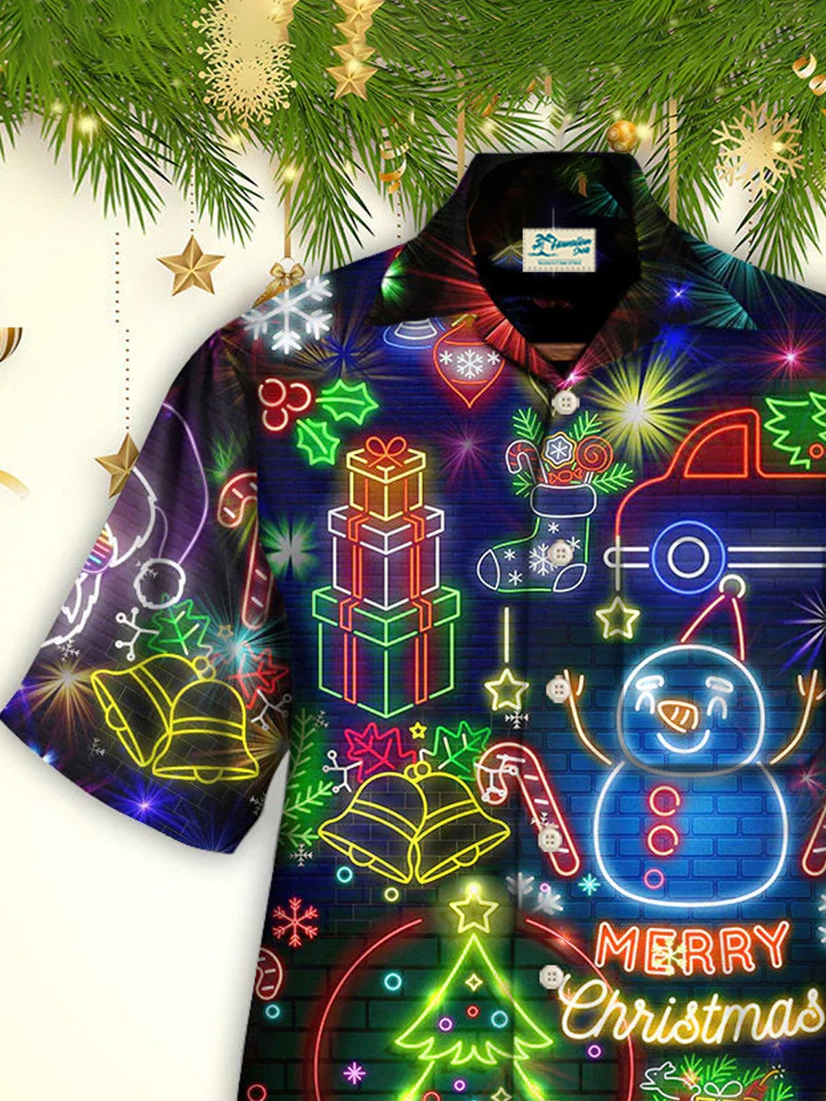 Holiday Neon Christmas Men's Hawaiian Shirts Snowman Stretch Wrinkle Free Aloha Camp Pocket Christmas Tree Shirts